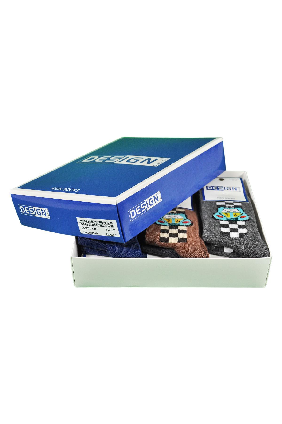 Yarış Araba Desenli Soket Çocuk Çorabı - Asorti - 3 Yaş / 11 Yaş- %70 Pamuk | Design Socks