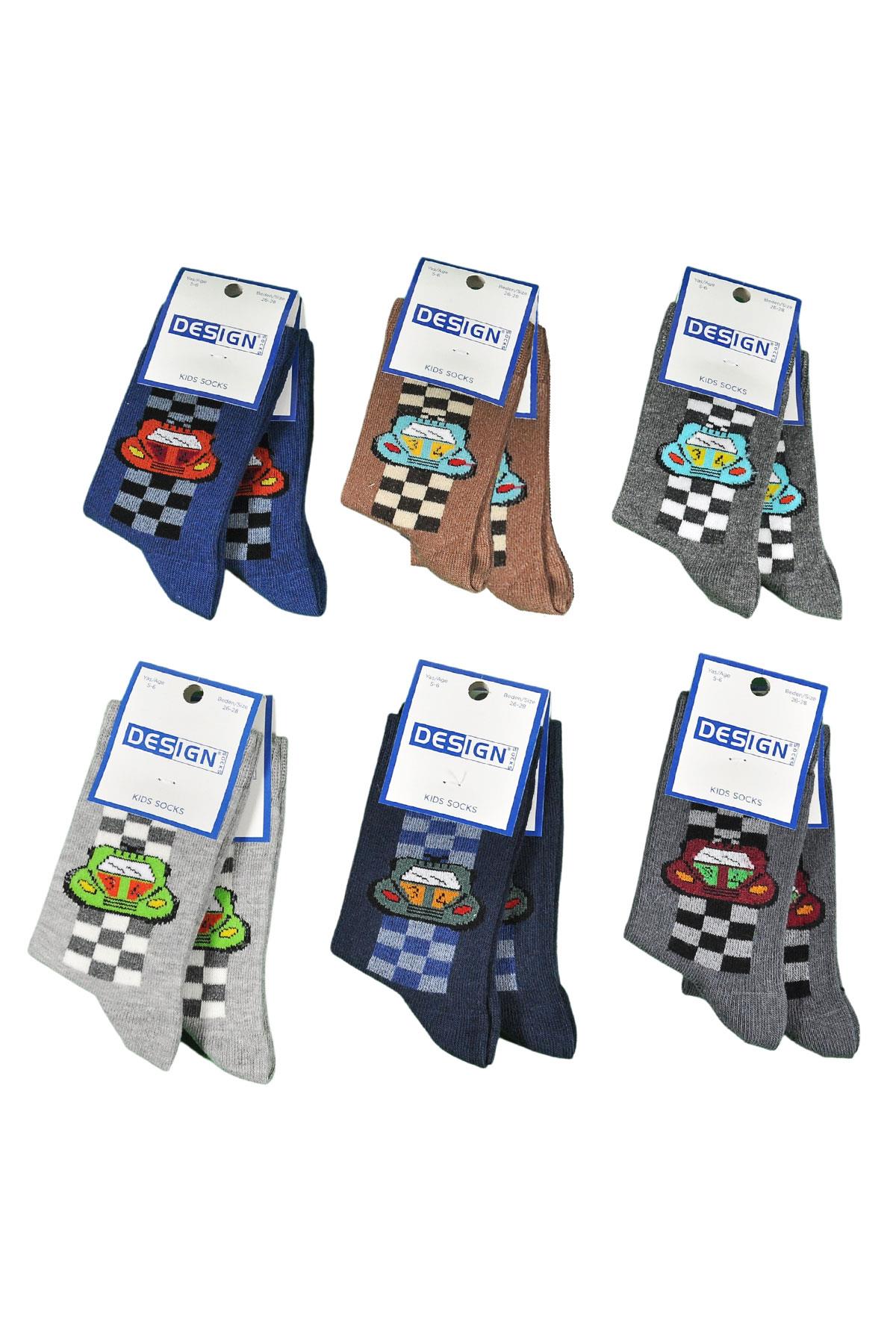 Yarış Araba Desenli Soket Çocuk Çorabı - Asorti - 3 Yaş / 11 Yaş- %70 Pamuk | Design Socks