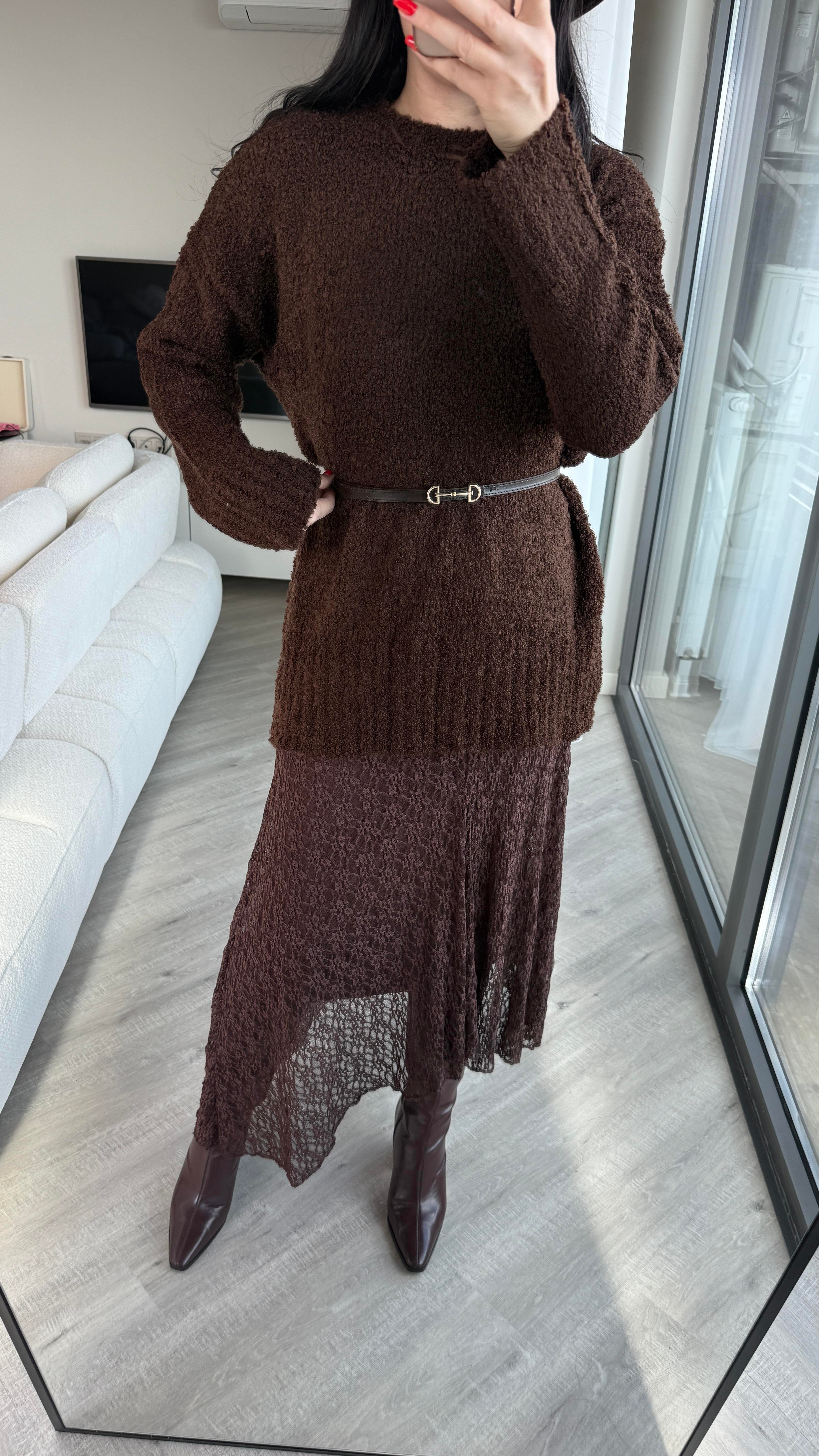 Acı Kahve Buklet Kumaş Oversize Kazak