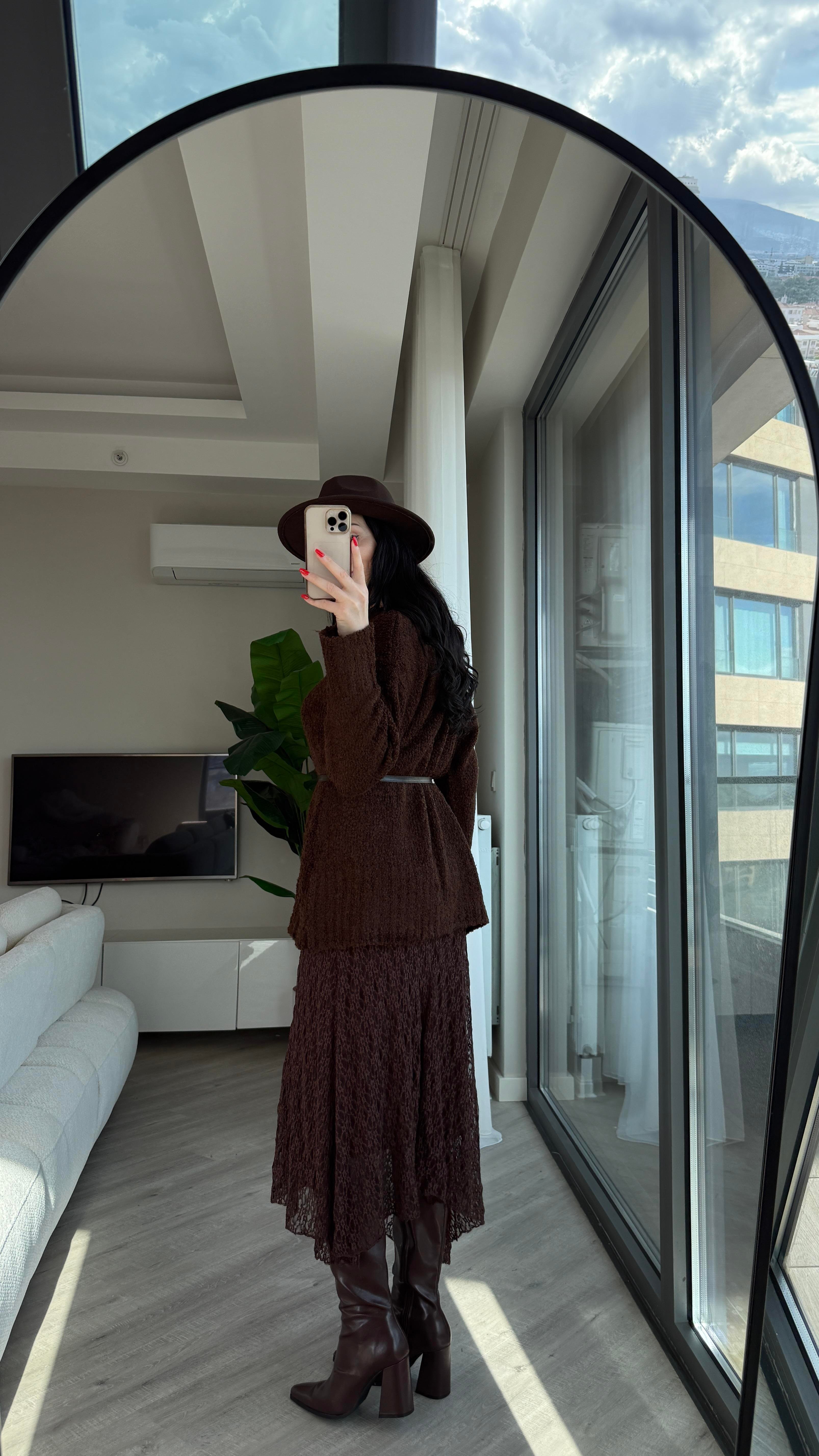 Acı Kahve Buklet Kumaş Oversize Kazak