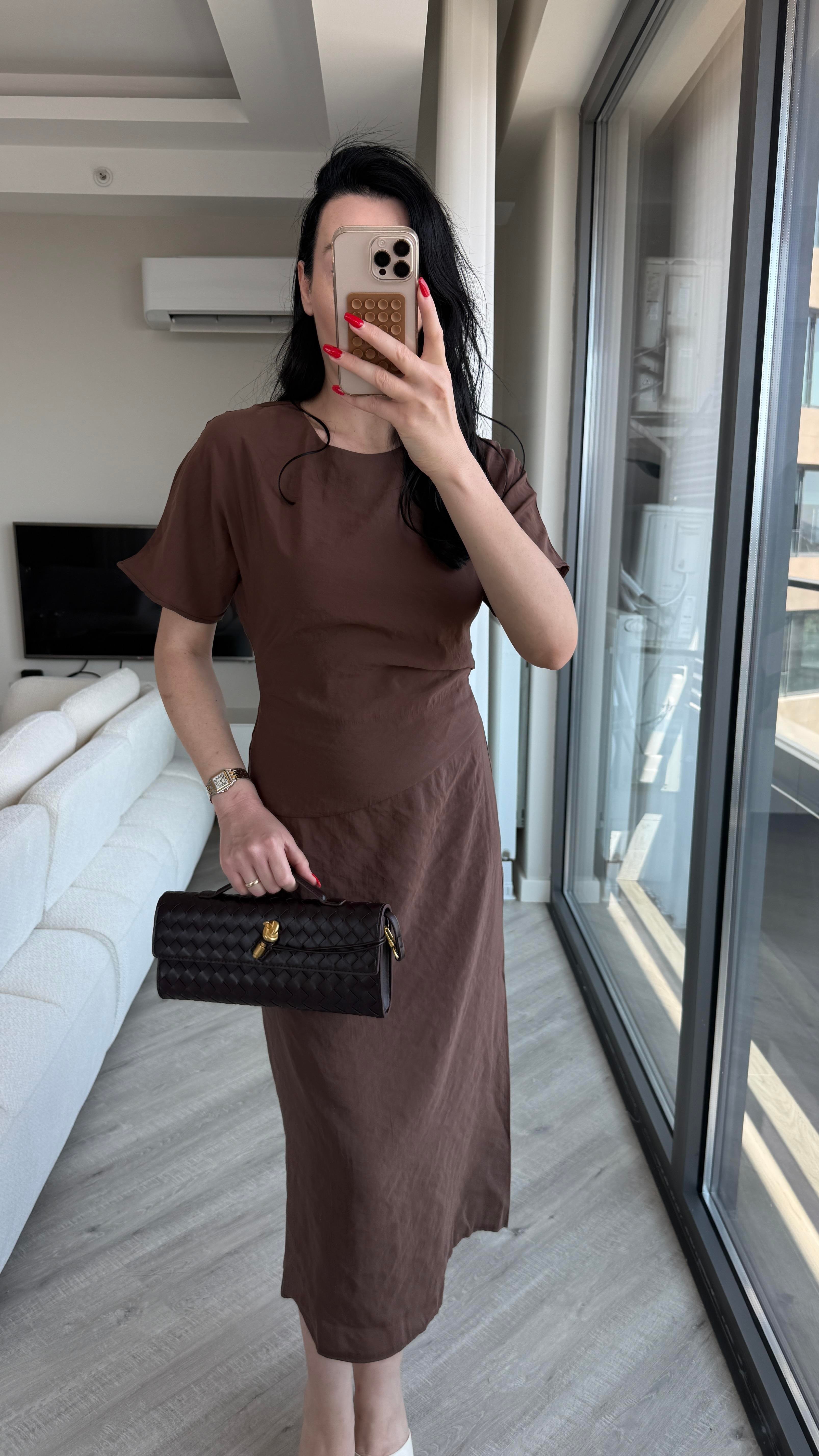 Acı Kahve Drape Detaylı Tensel Elbise