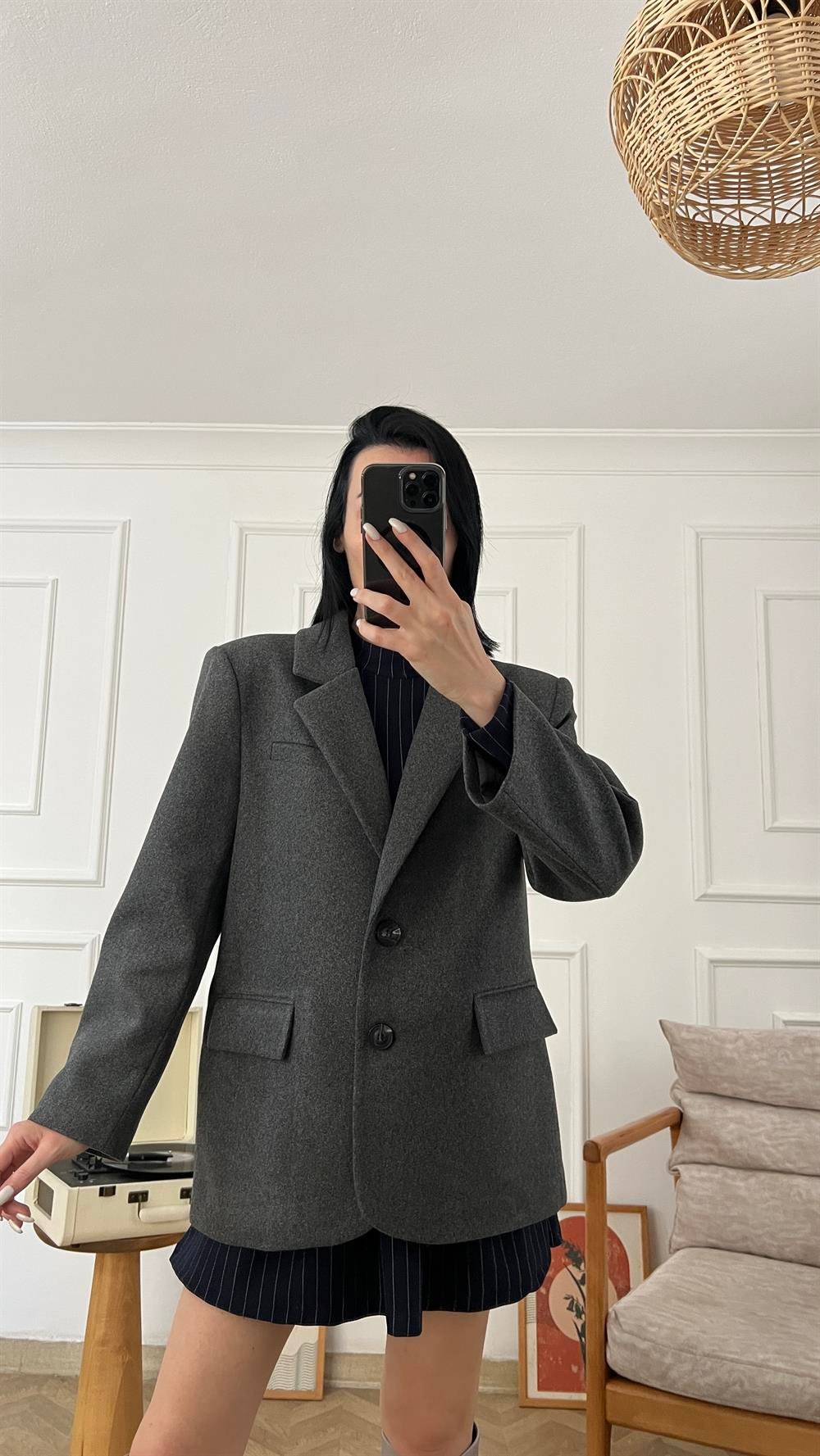 Antrasit Kaşe Oversize Ceket