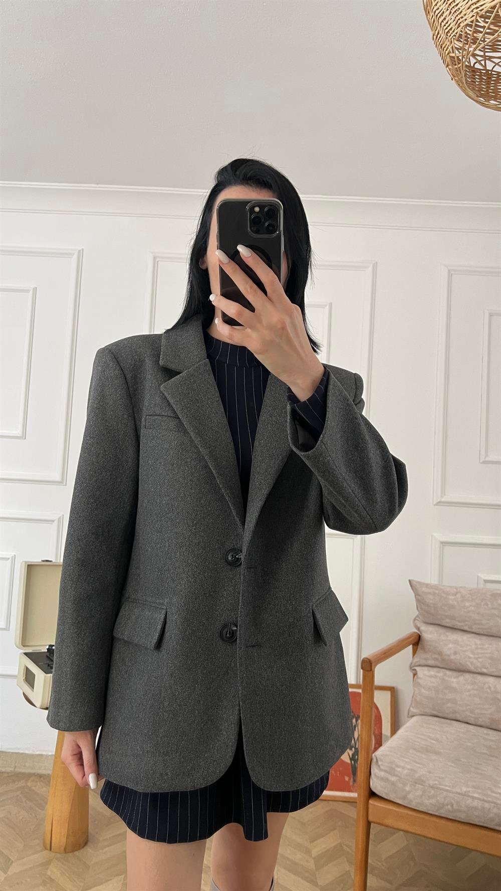 Antrasit Kaşe Oversize Ceket
