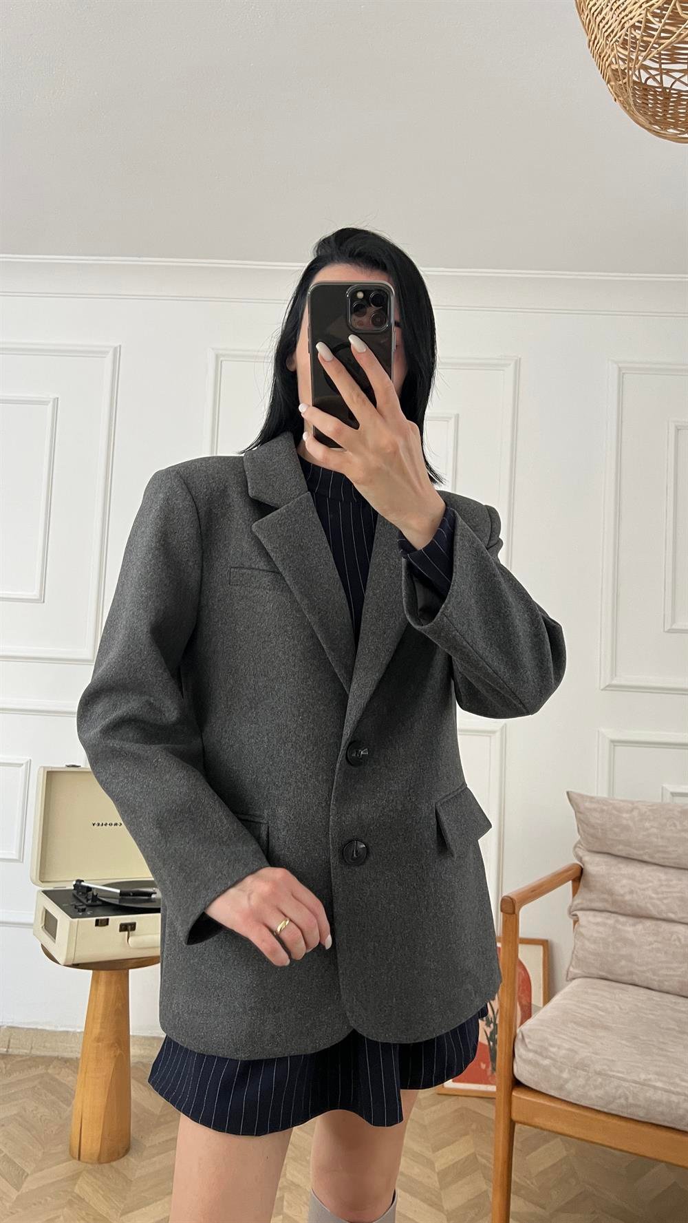 Antrasit Kaşe Oversize Ceket
