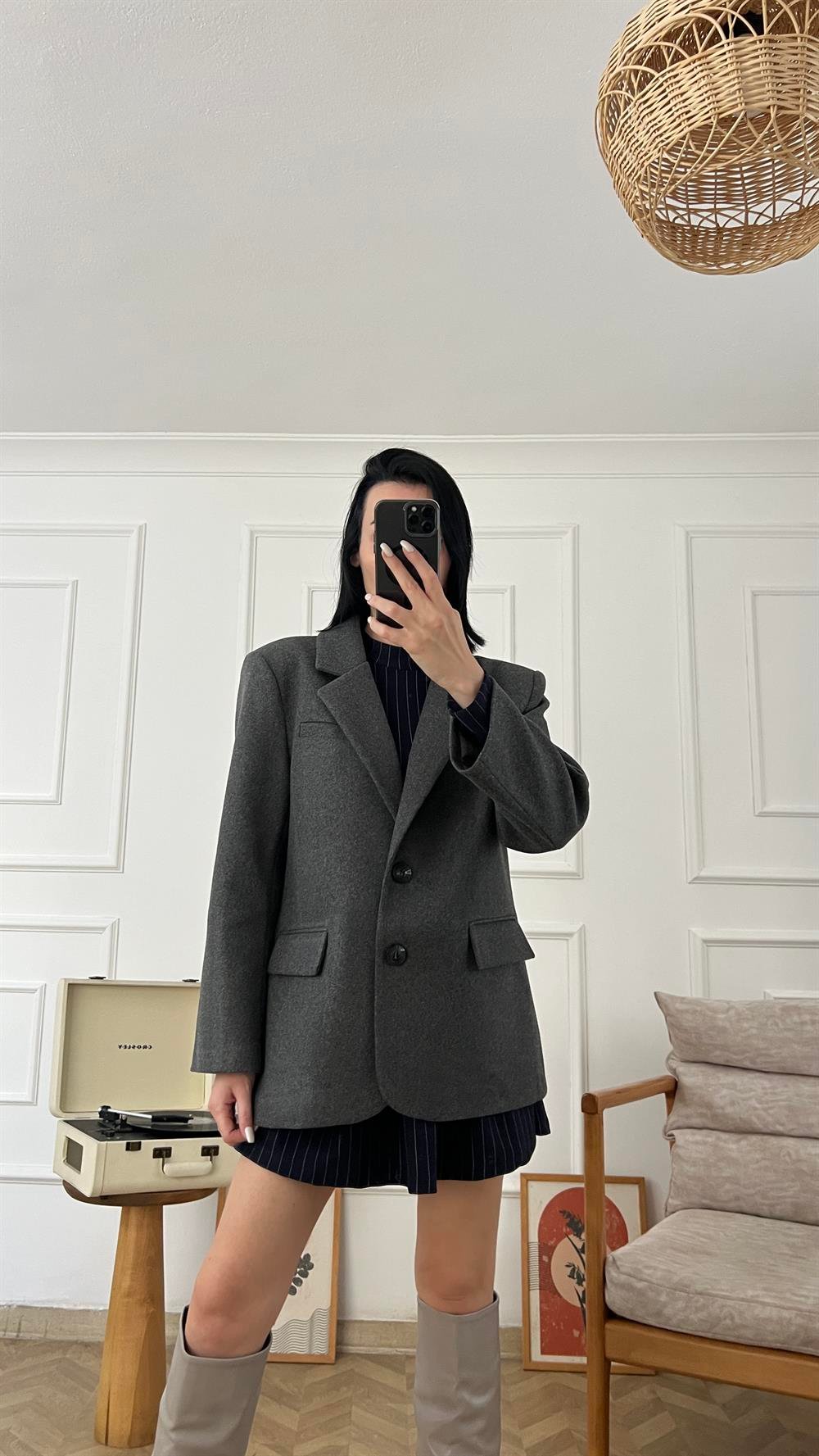 Antrasit Kaşe Oversize Ceket