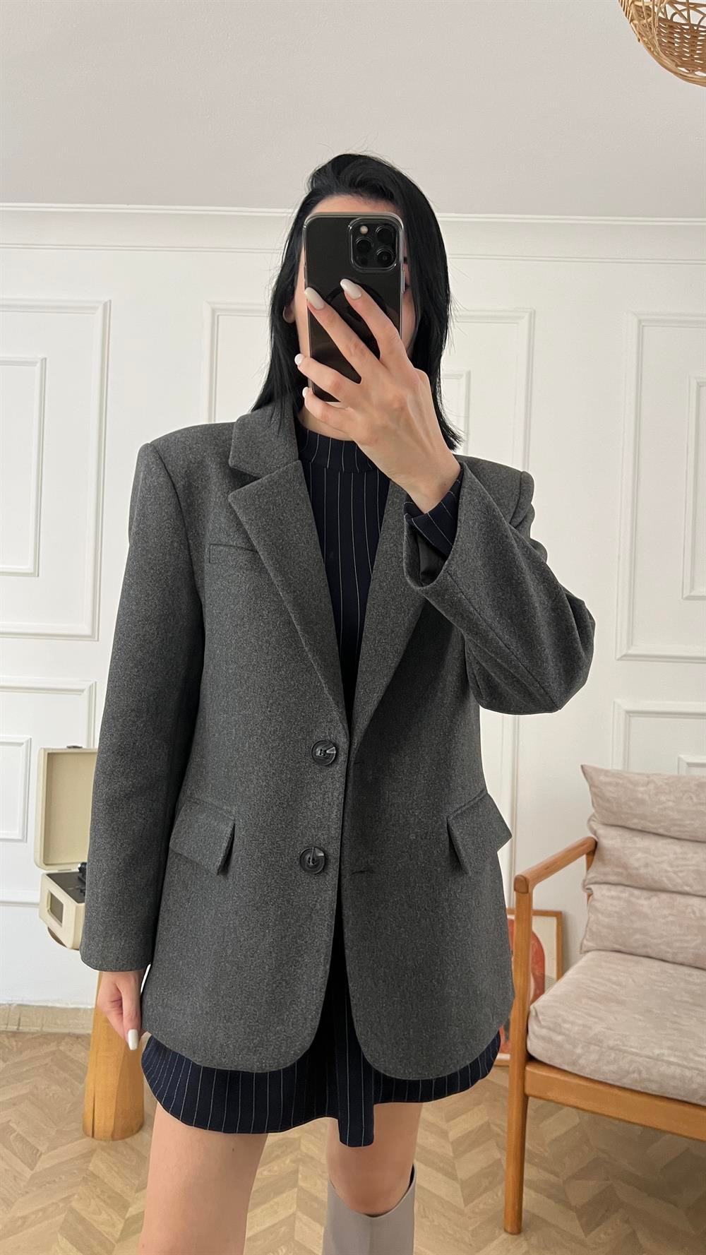 Antrasit Kaşe Oversize Ceket