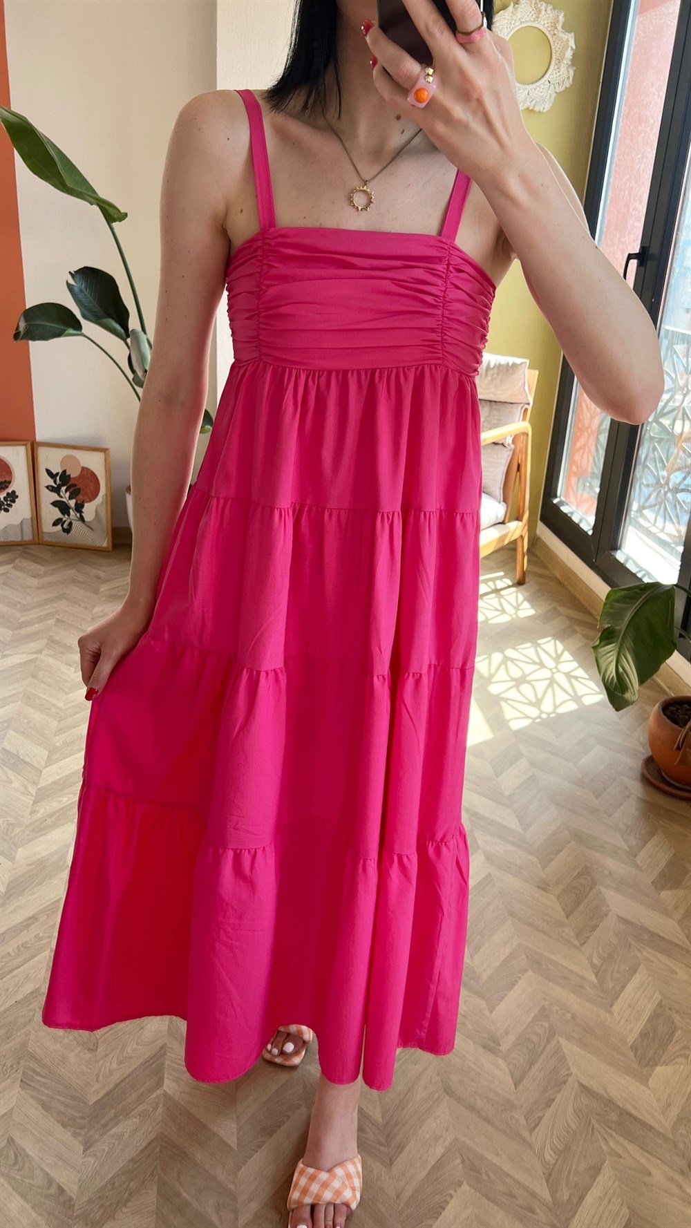 Askılı Pembe Poplin Elbise