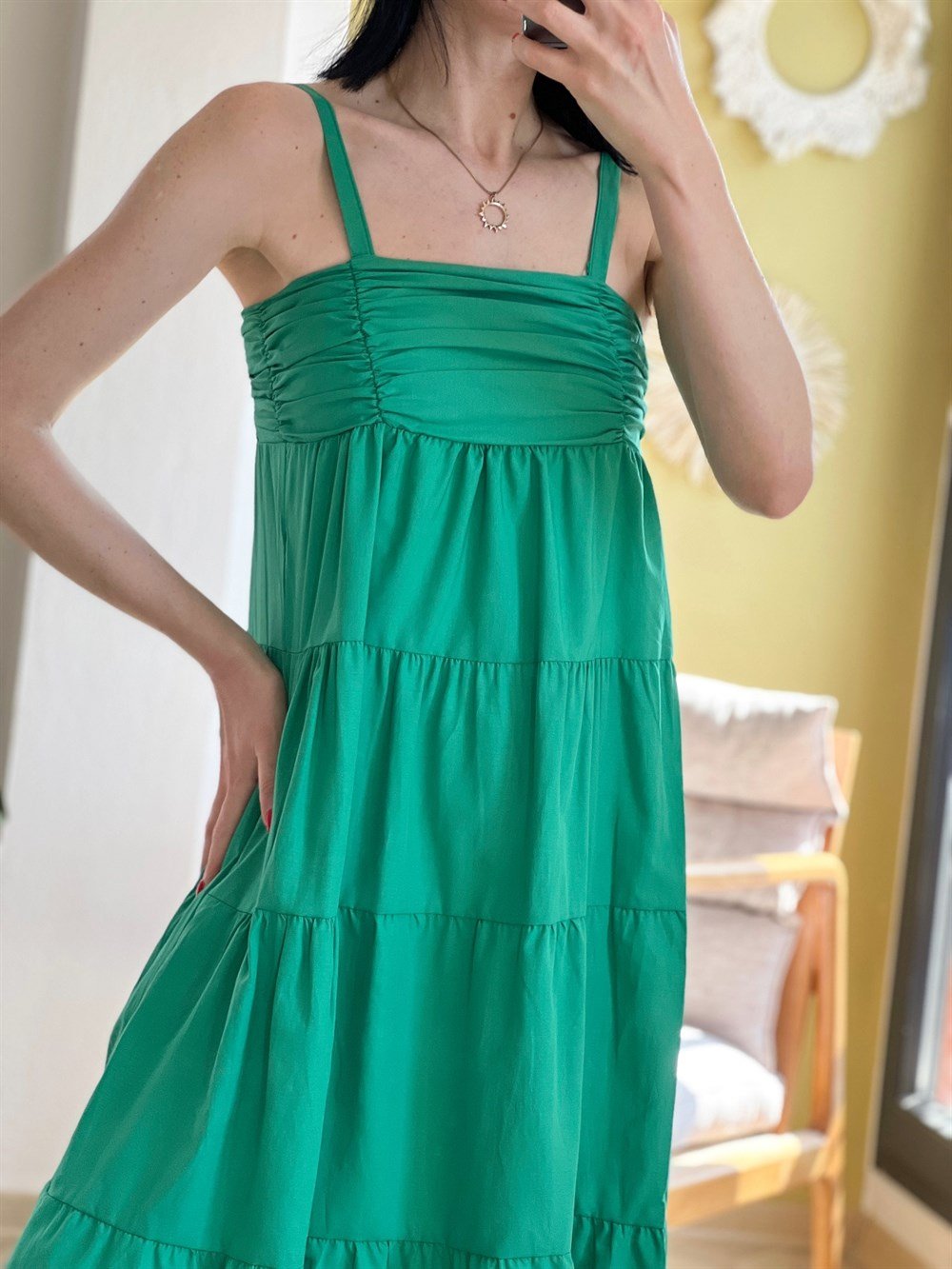 Askılı Yeşil Poplin Elbise