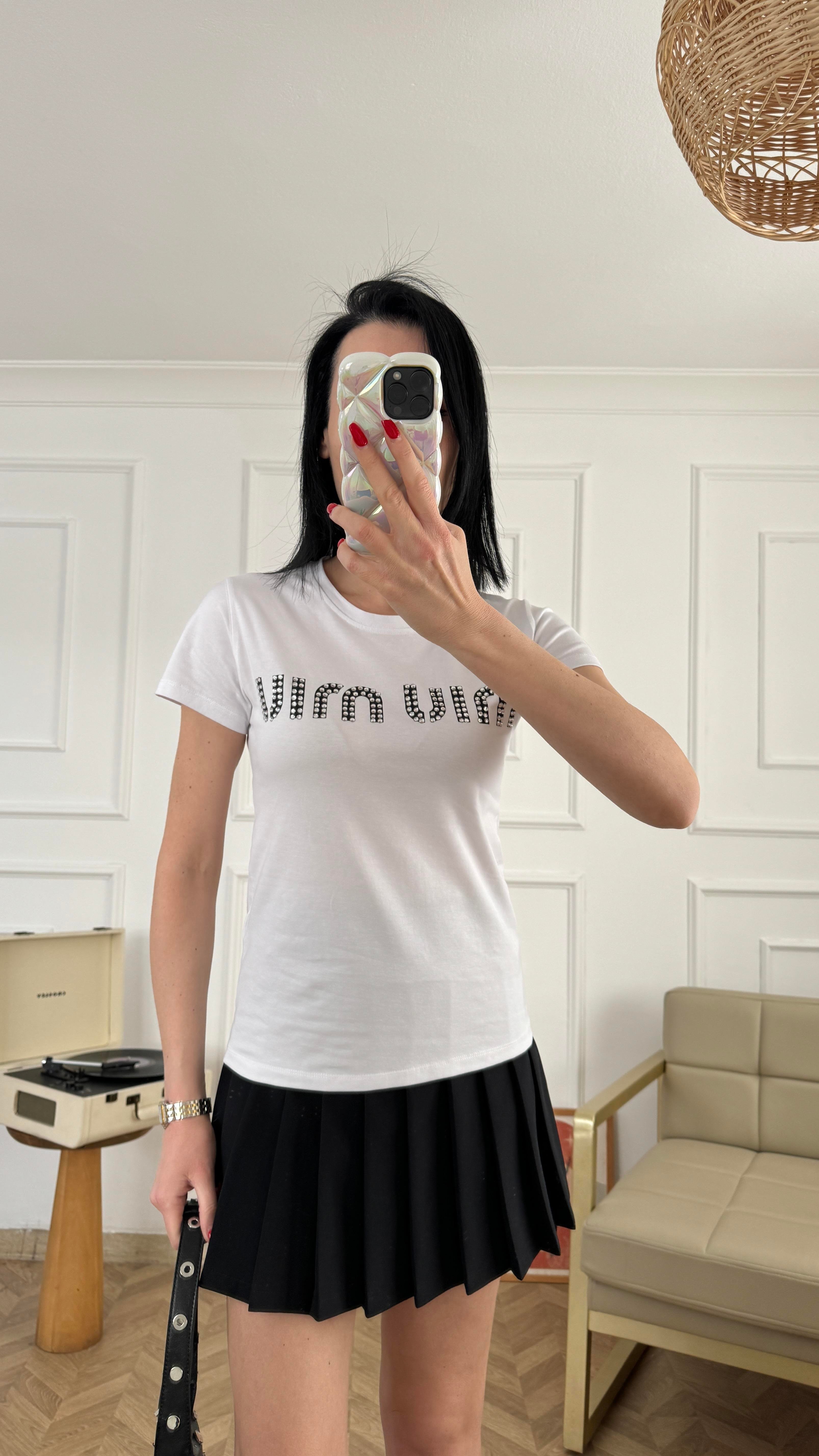 Baskılı Taş Detaylı Beyaz Tshirt