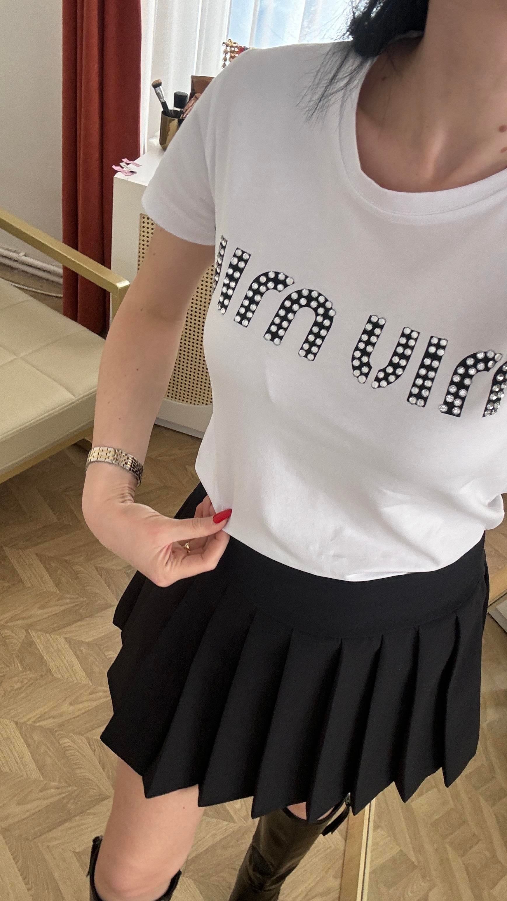 Baskılı Taş Detaylı Beyaz Tshirt