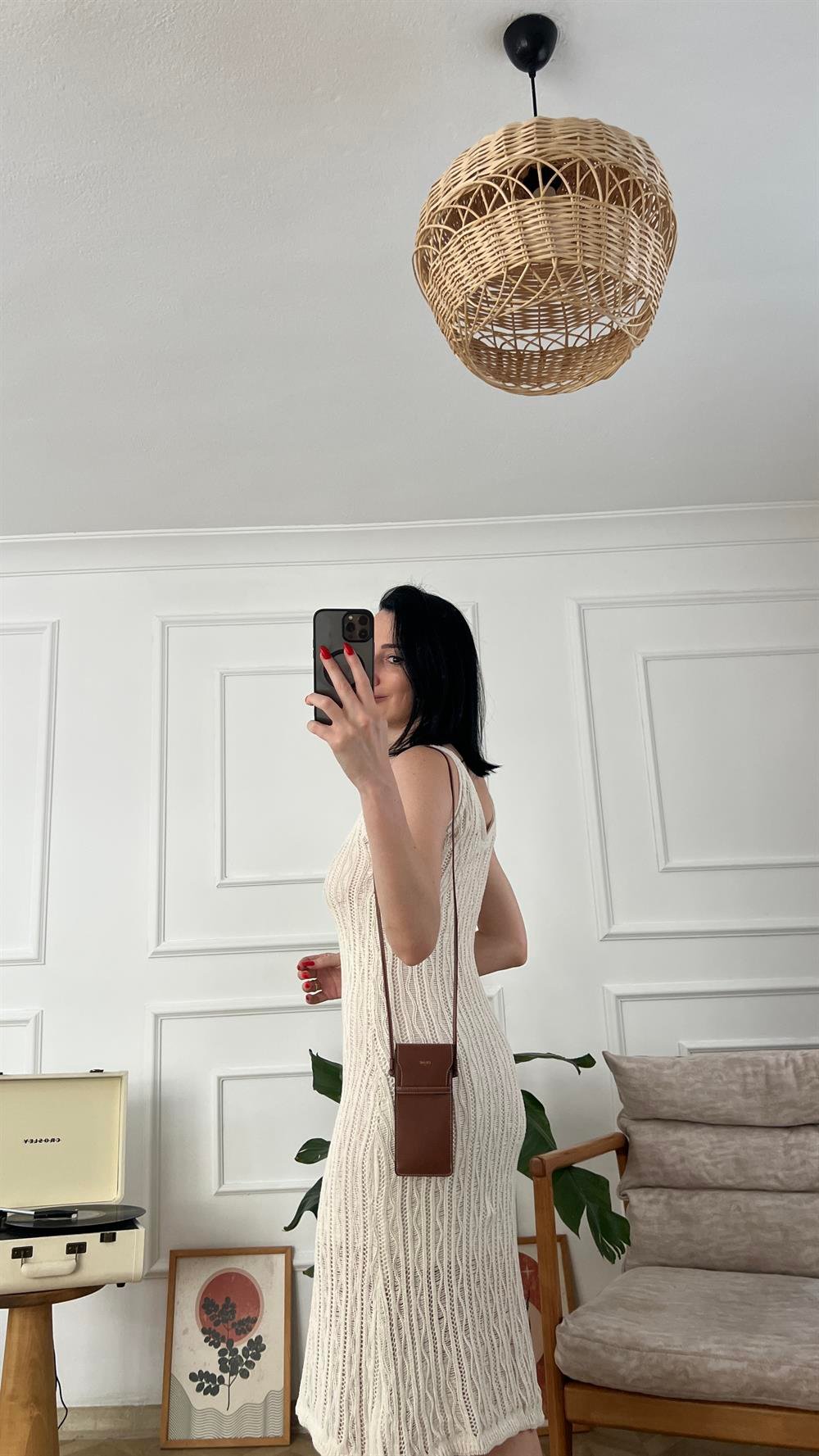 Bej Askılı Merserize Triko Elbise