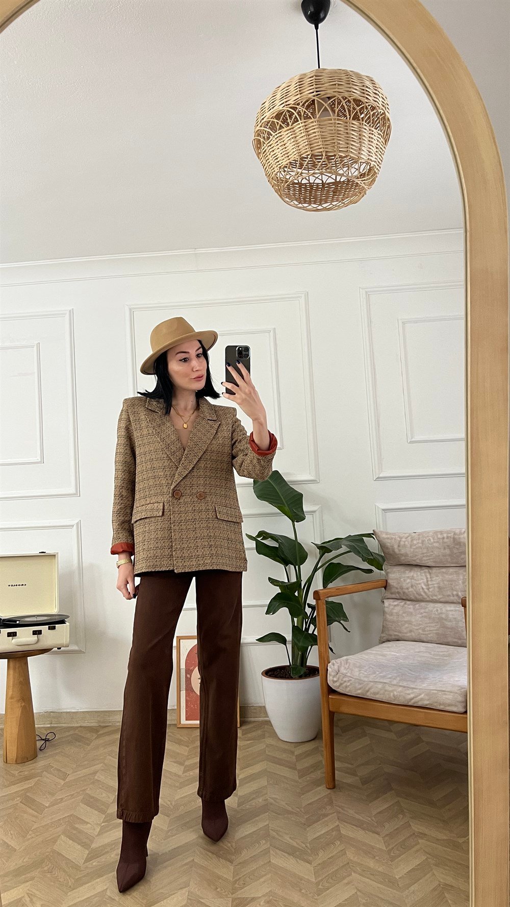 Bej Astarlı Etnik Desen Blazer Ceket