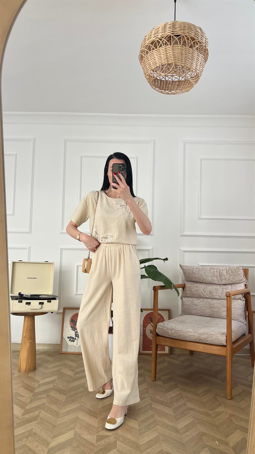 Bej Beli Lastikli Keten Pantolon