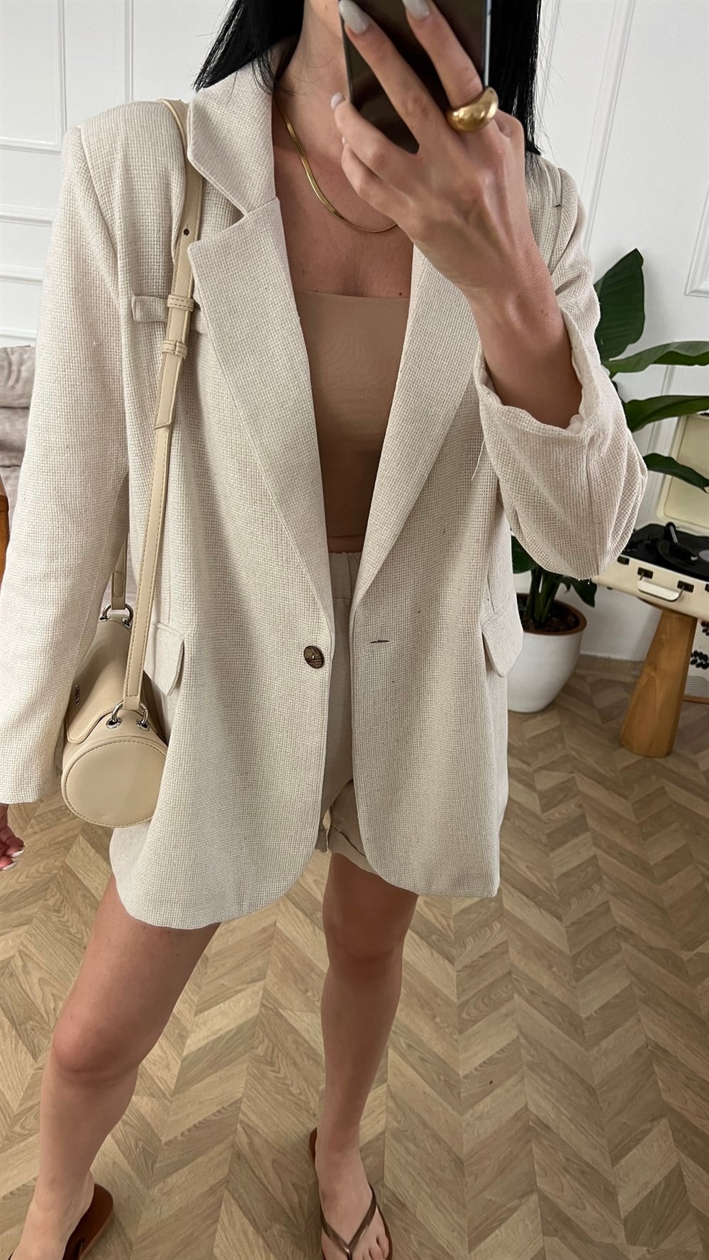 Bej Keten Oversize Blazer Ceket
