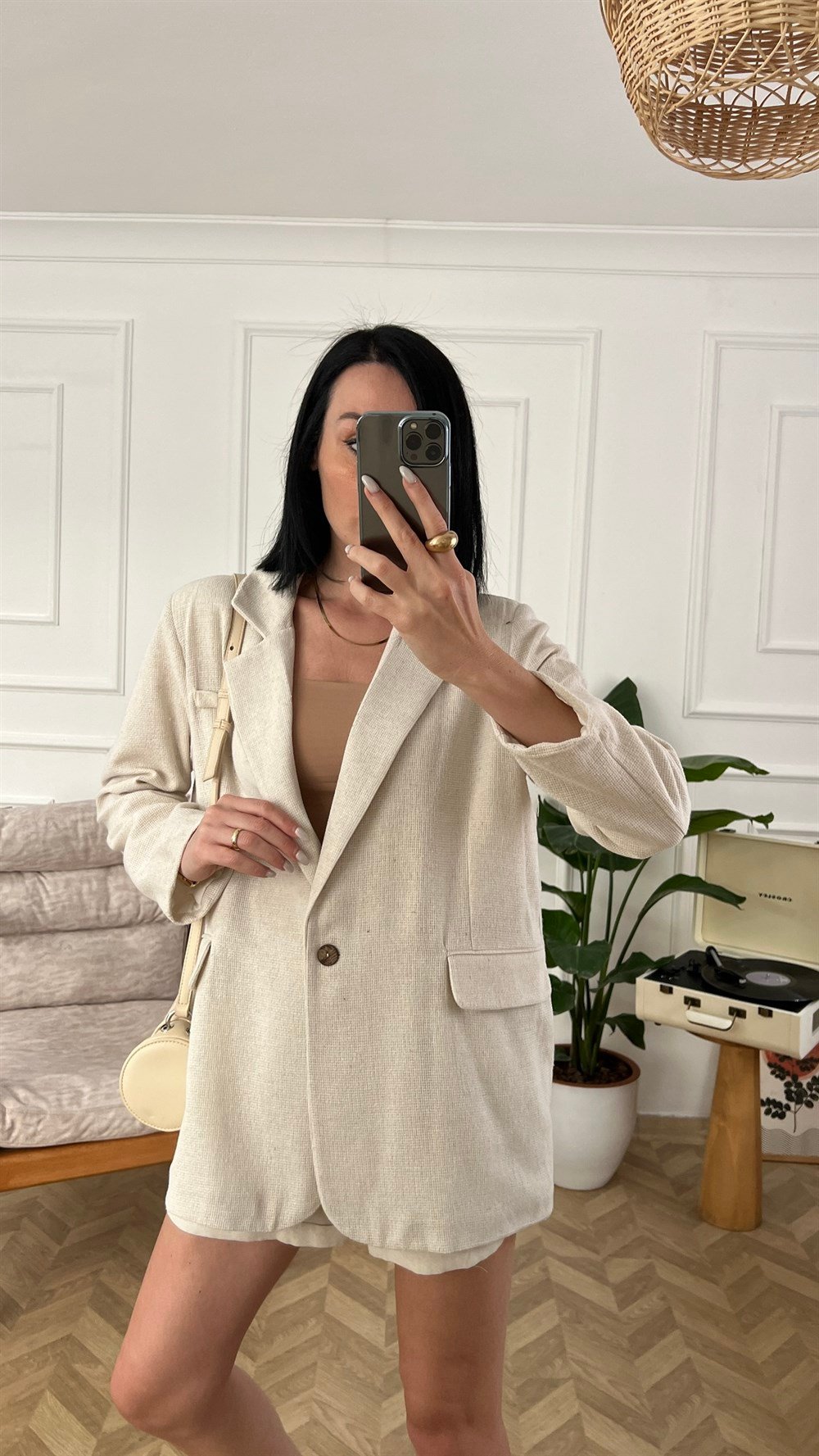 Bej Keten Oversize Blazer Ceket
