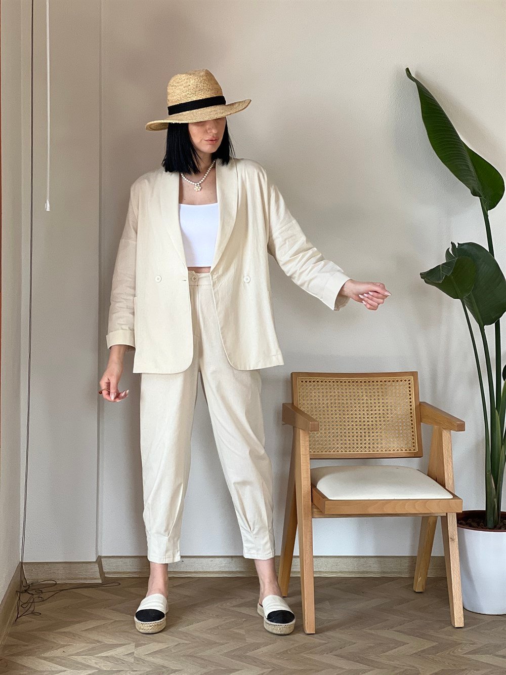 Bej Oversize Keten Takım 