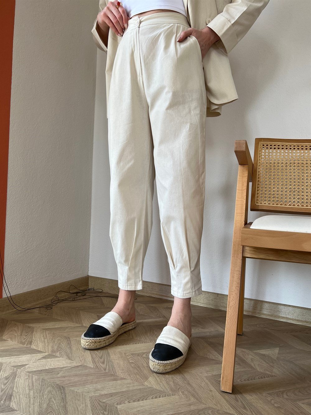 Bej Oversize Keten Takım 