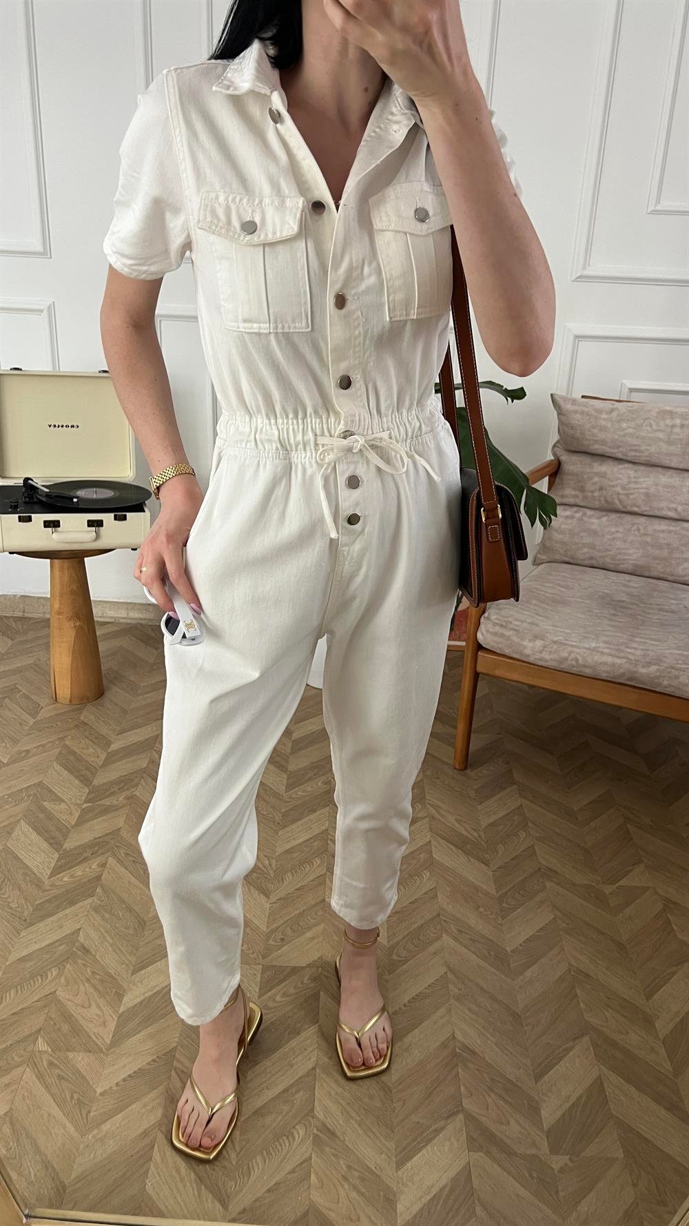 Beyaz Beli Bağcık Detaylı Jean Tulum