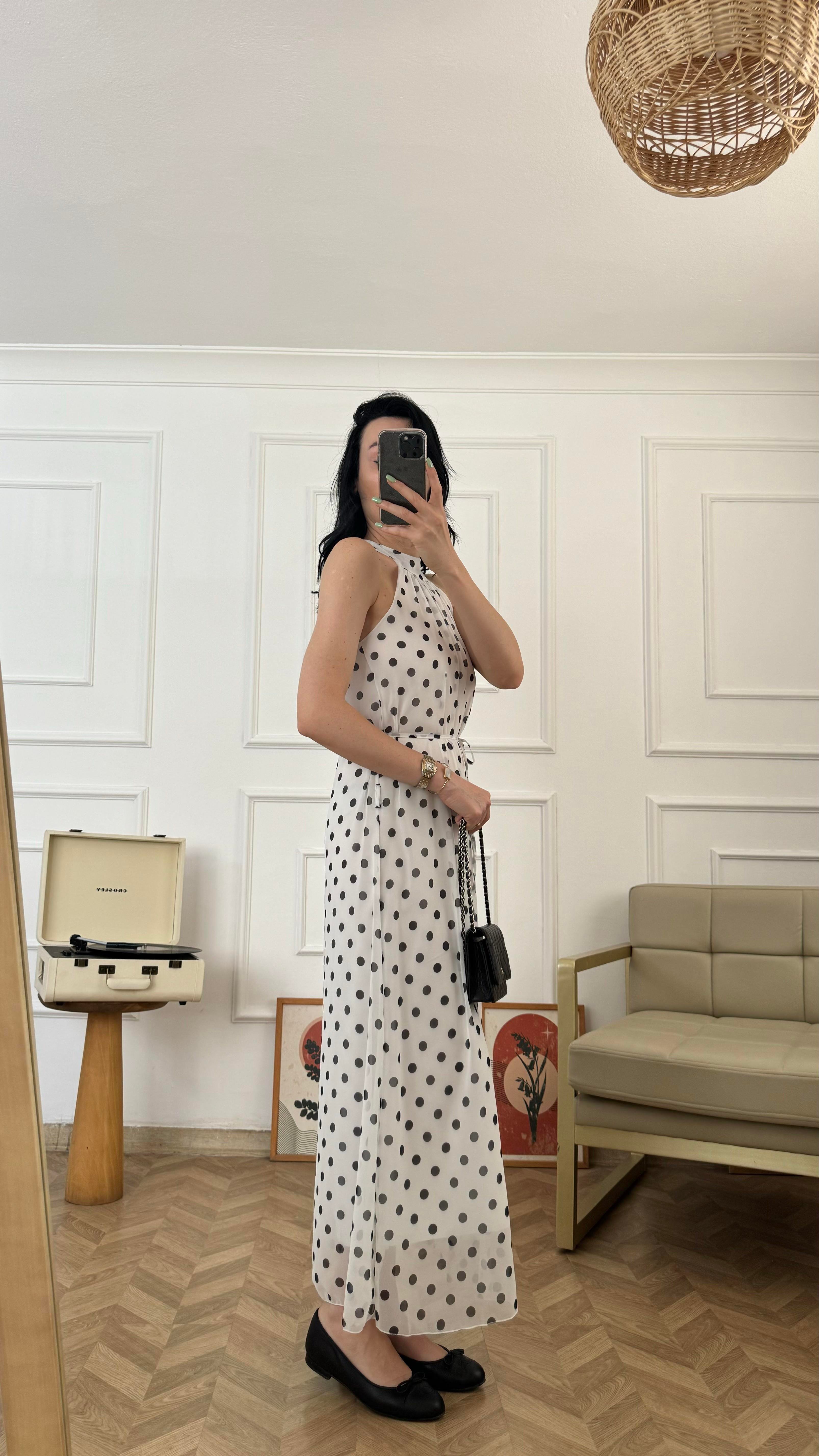 Beyaz Siyah Minik Puantiyeli Halter Yaka Elbise