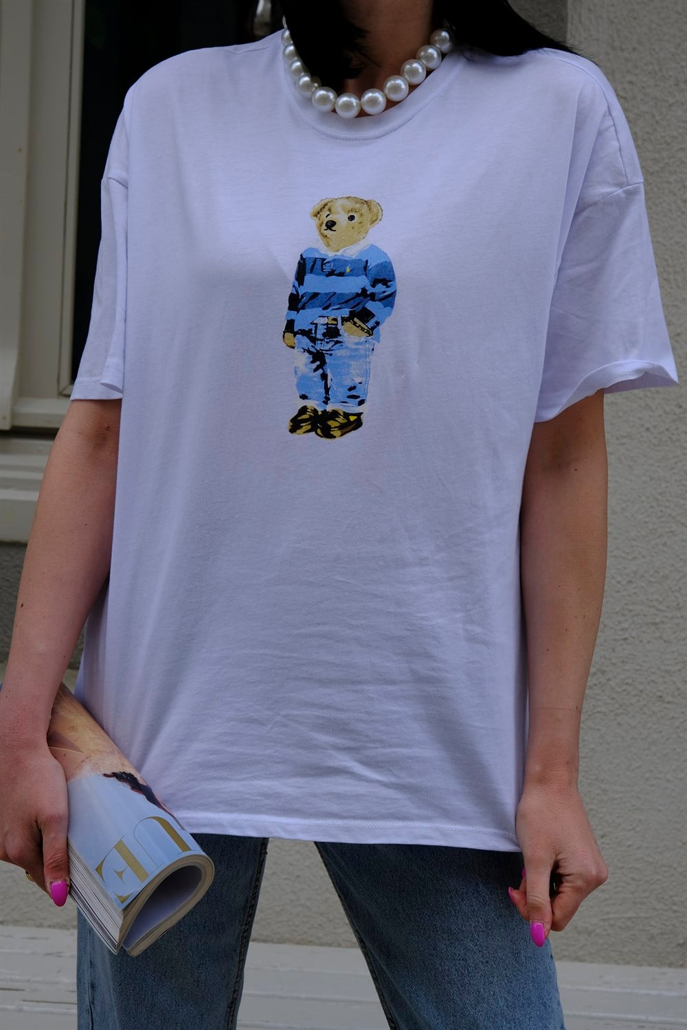 Beyaz Teddy Baskılı Tshirt 