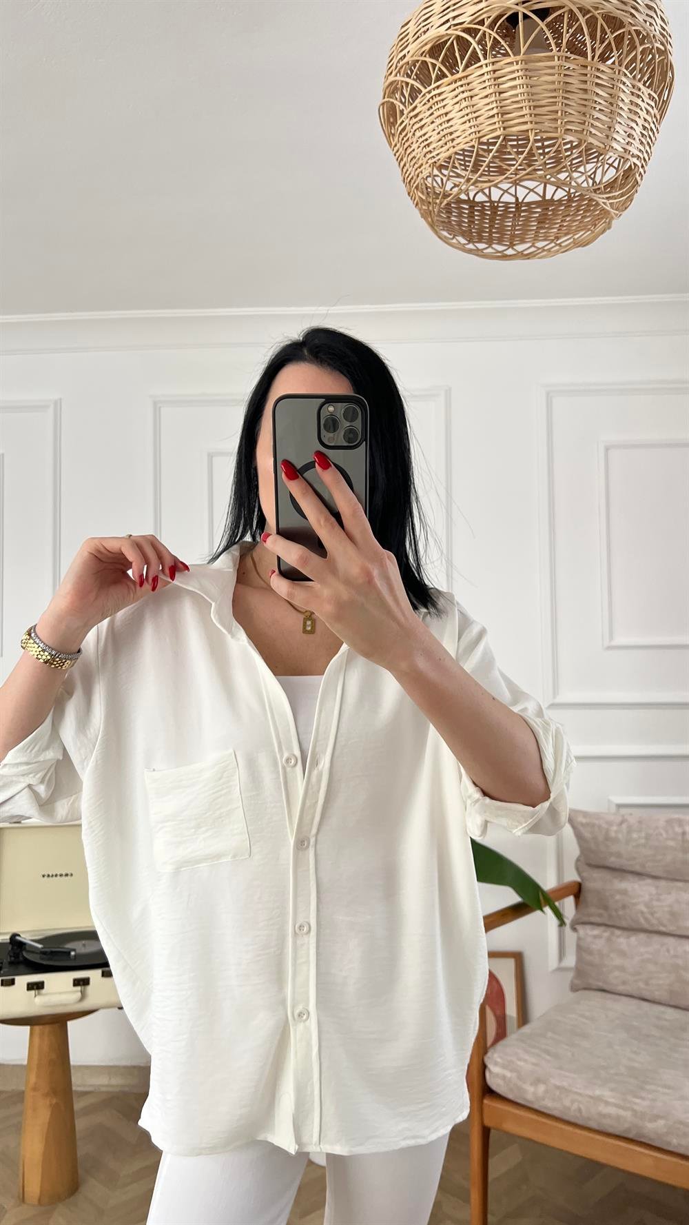 Beyaz Tensel Kumaş Oversize Gömlek
