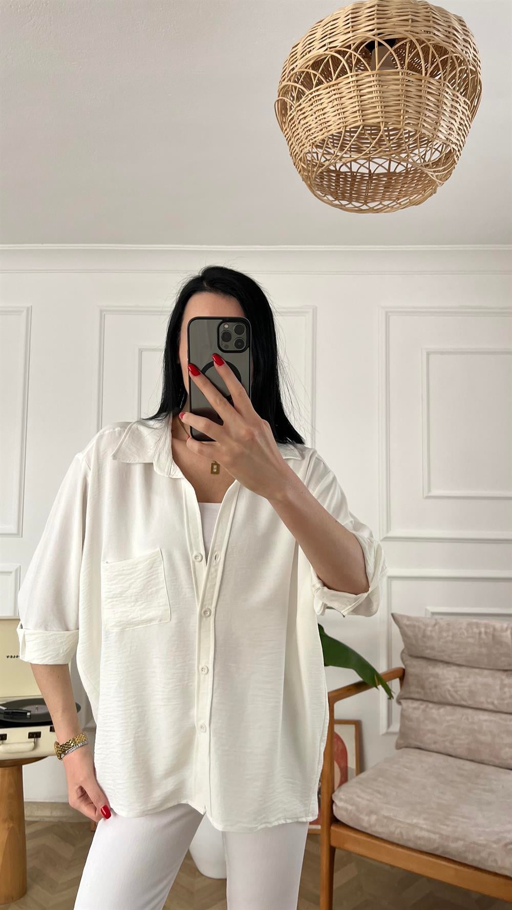 Beyaz Tensel Kumaş Oversize Gömlek