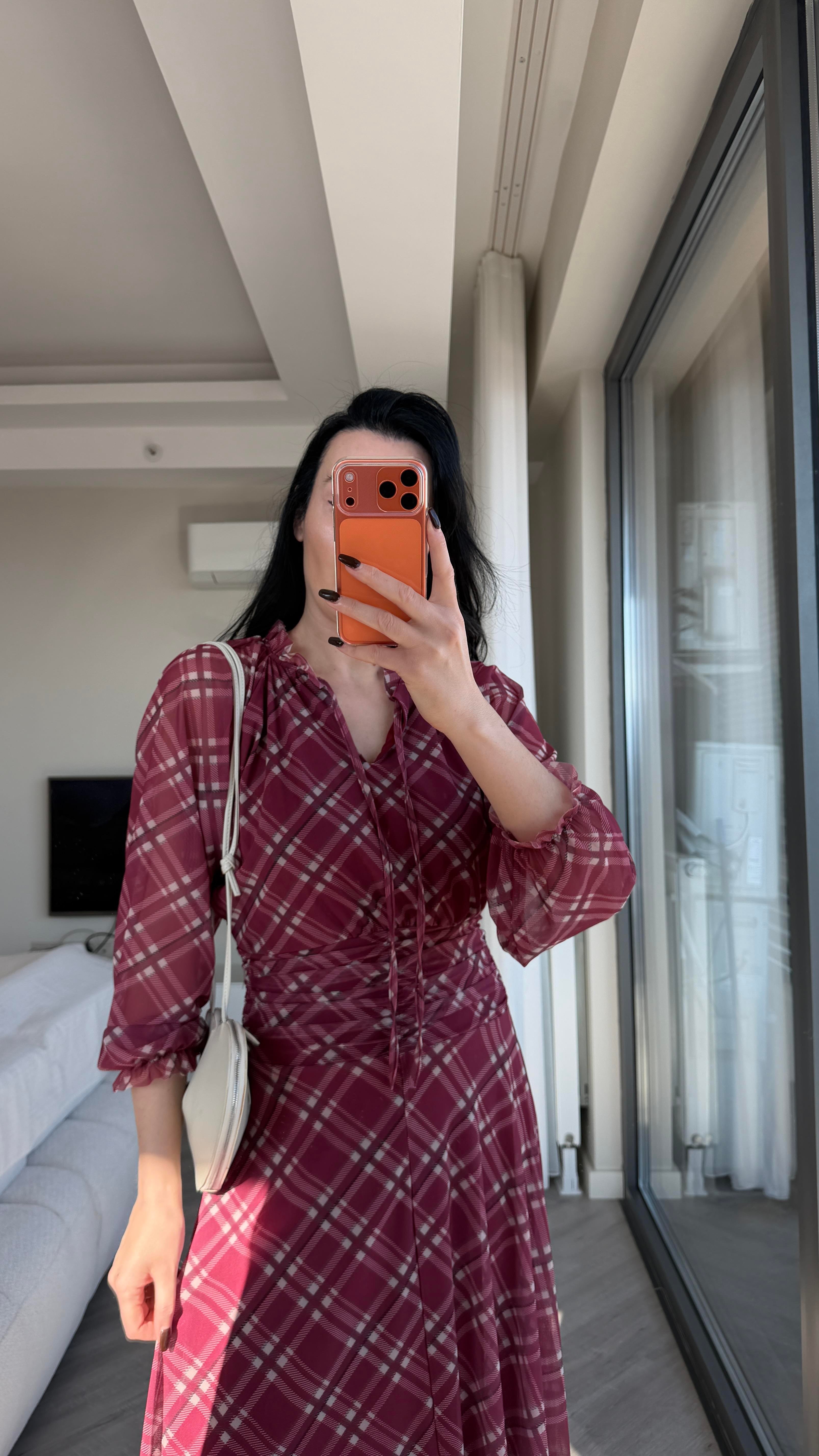 Bordo Bej Desenli Şifon Elbise