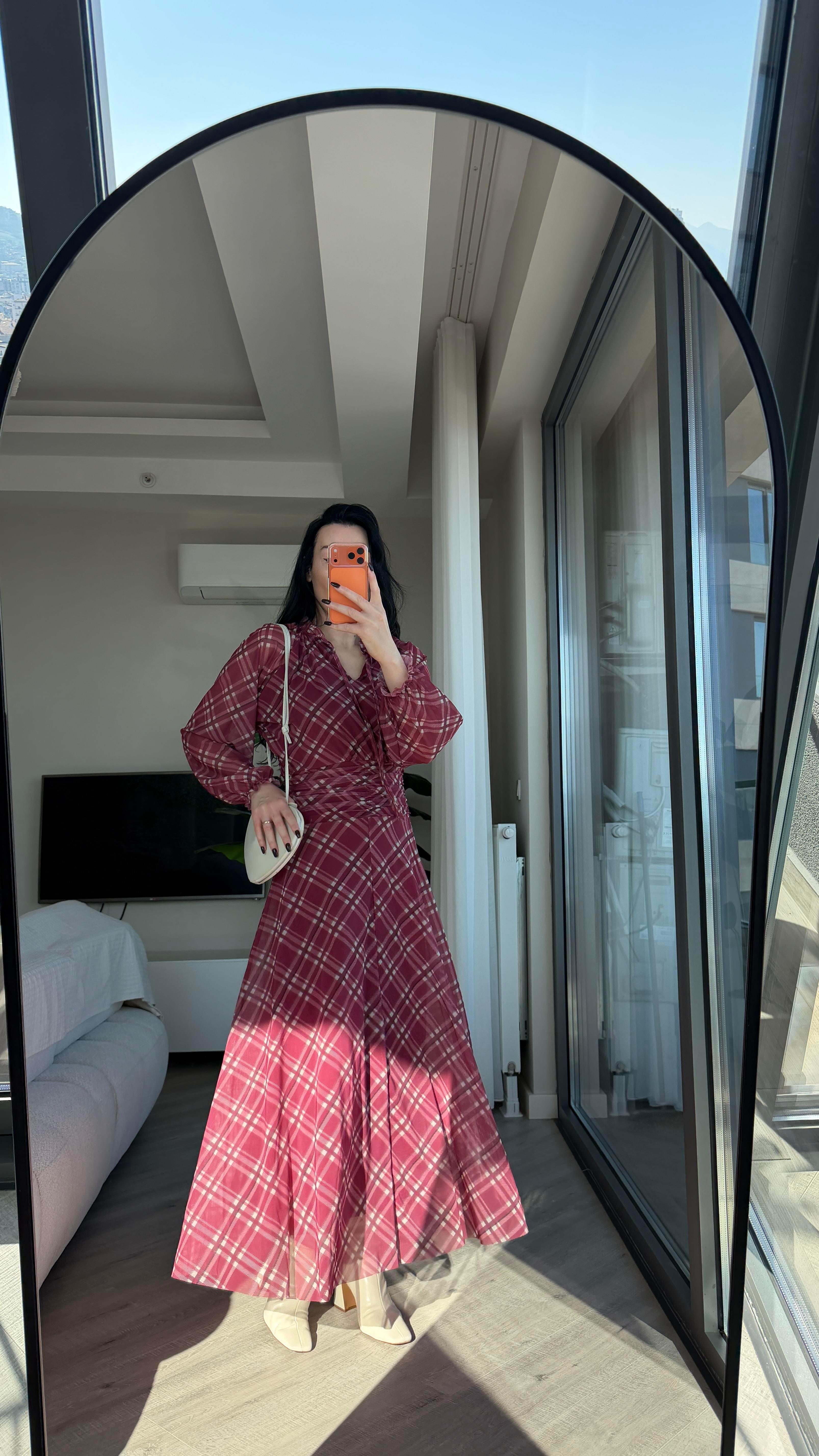 Bordo Bej Desenli Şifon Elbise