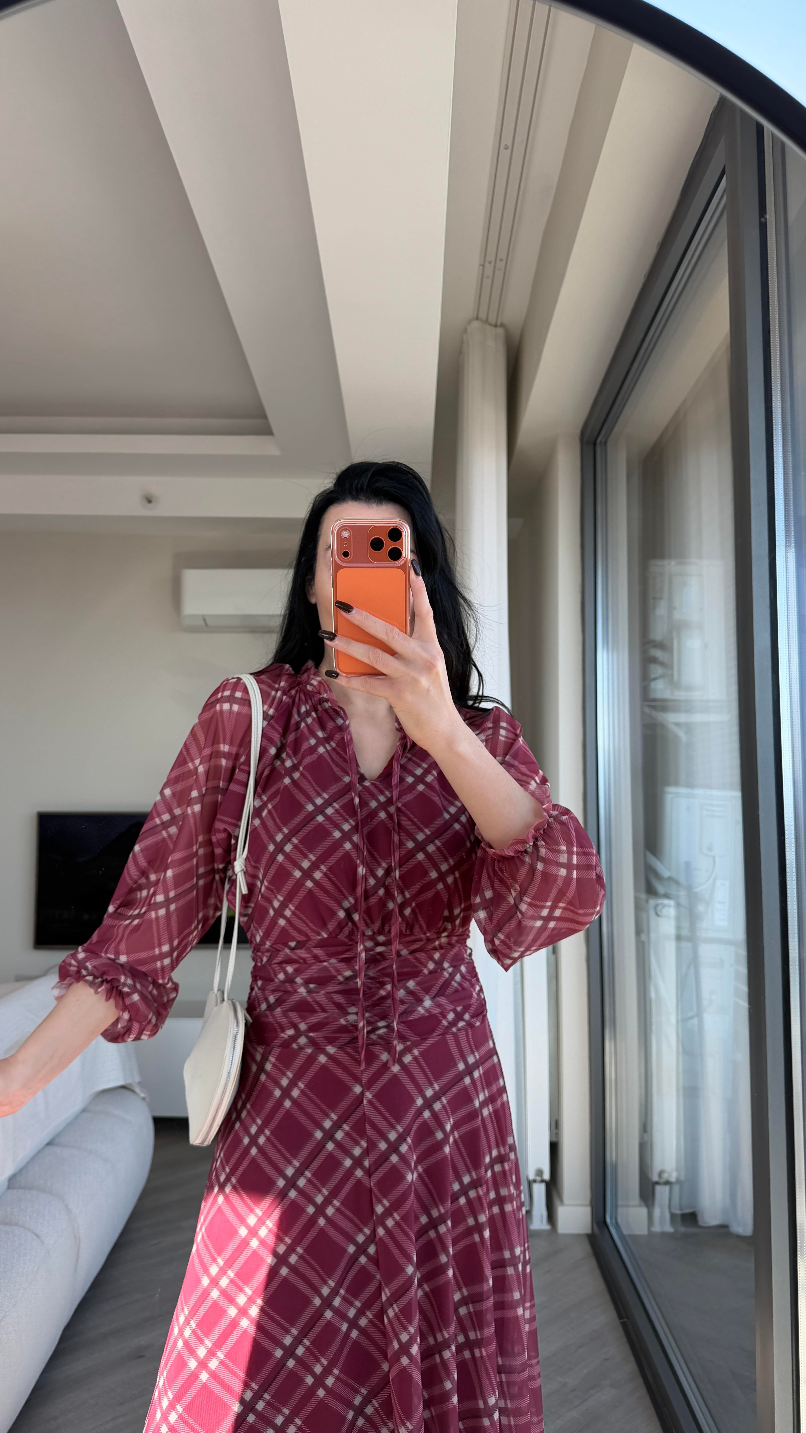 Bordo Bej Desenli Şifon Elbise