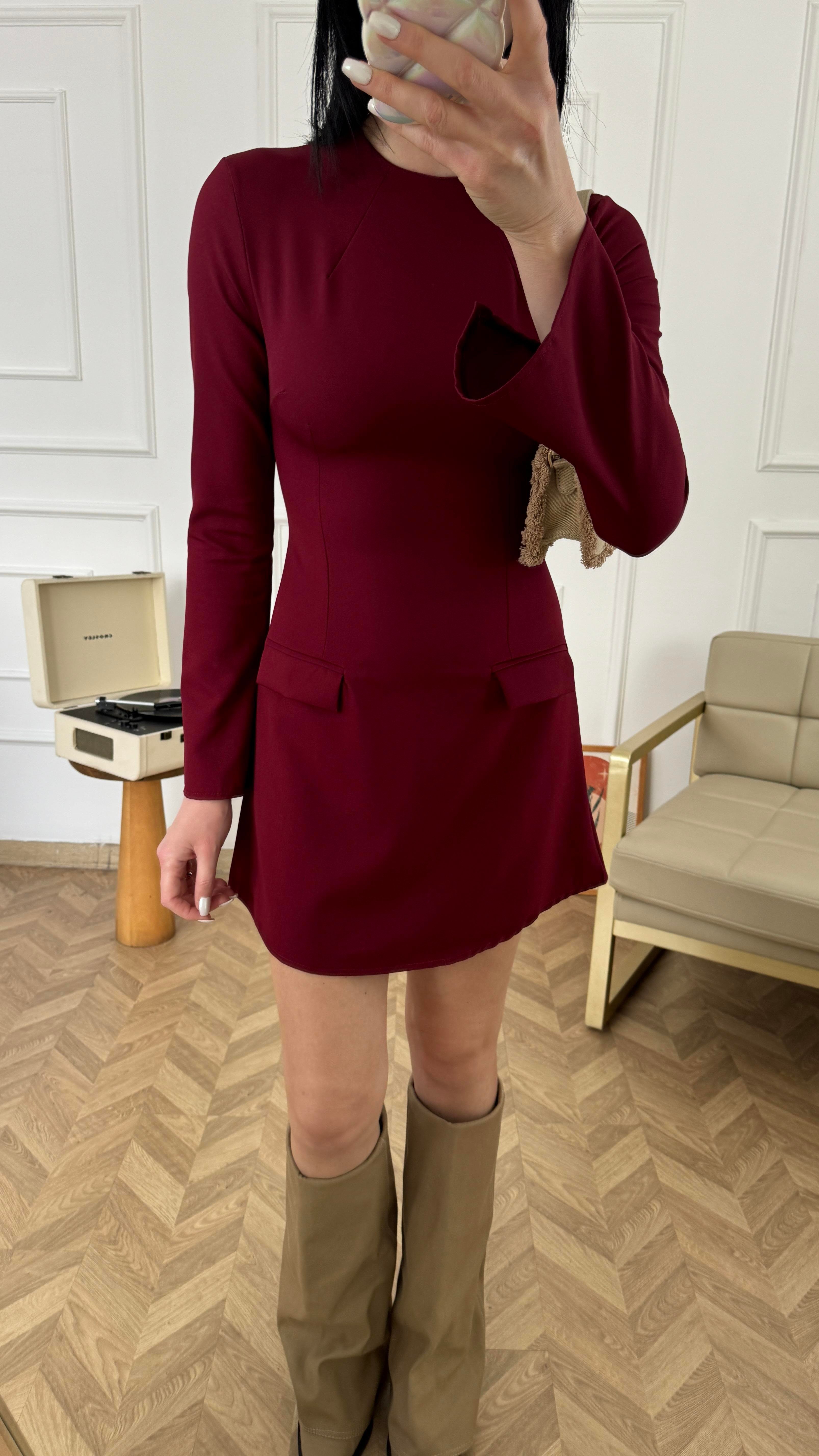 Bordo Cep Detaylı Elbise
