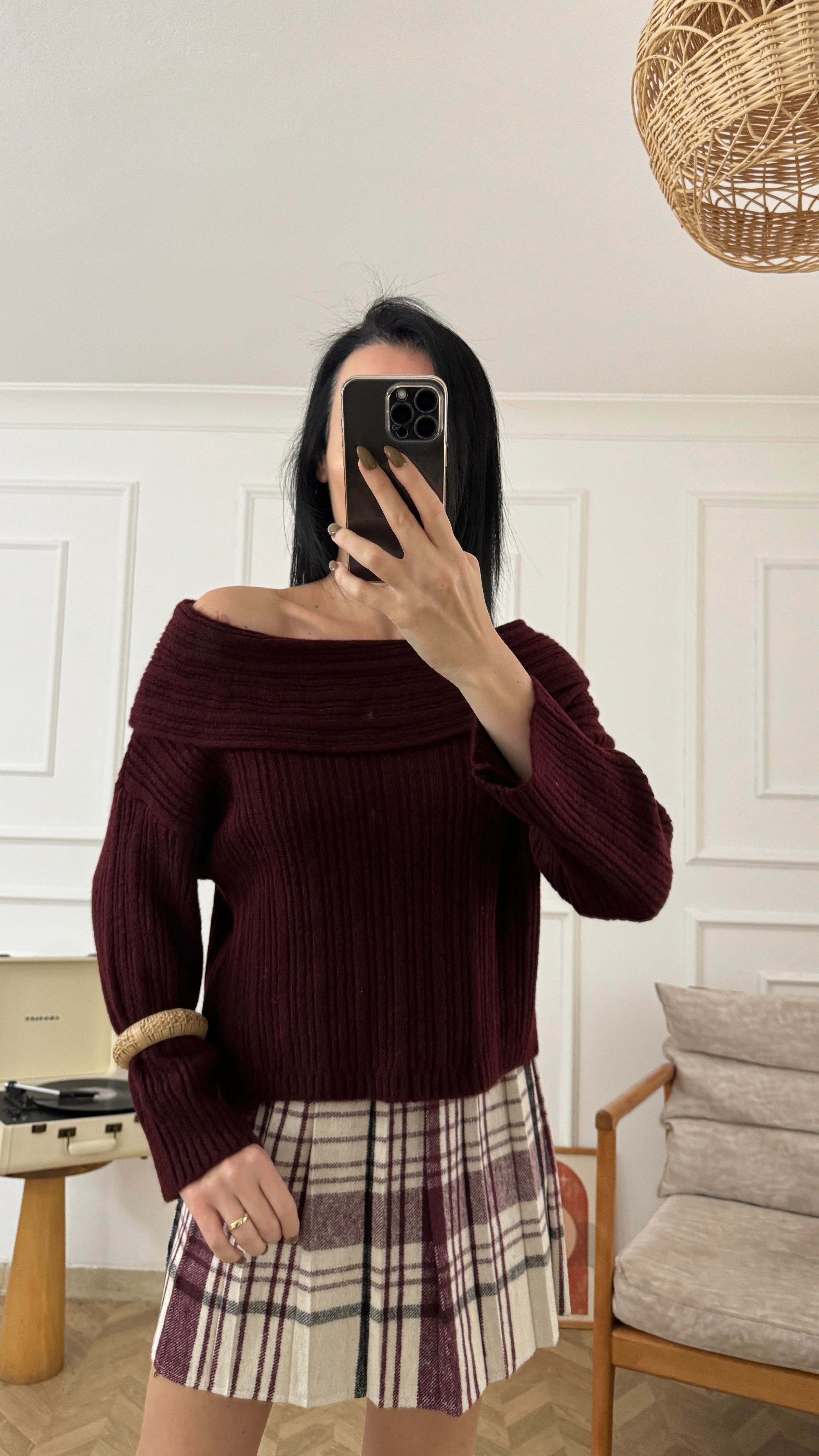 Bordo Degaje Yaka Fitilli Triko Kazak