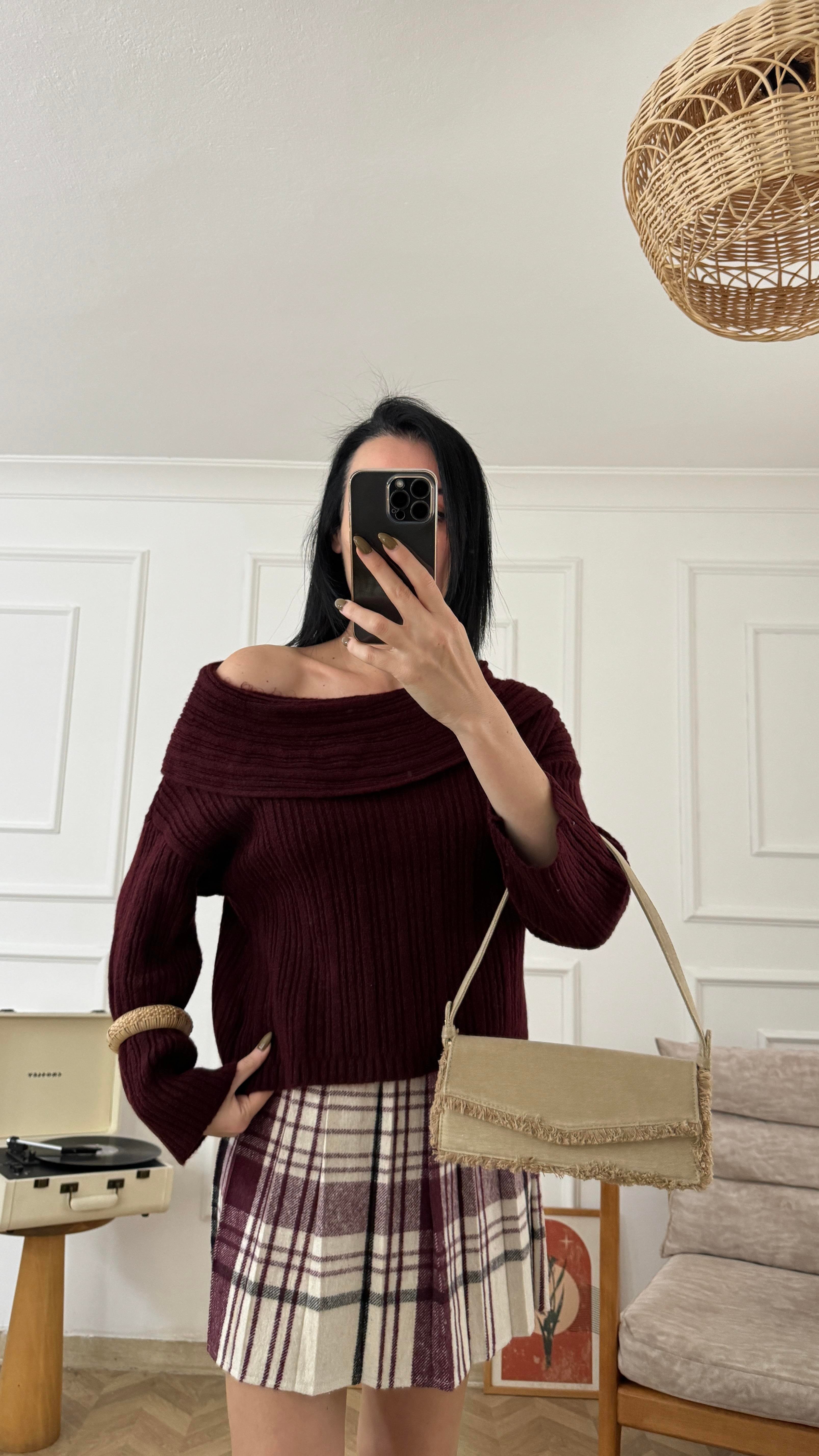Bordo Degaje Yaka Fitilli Triko Kazak