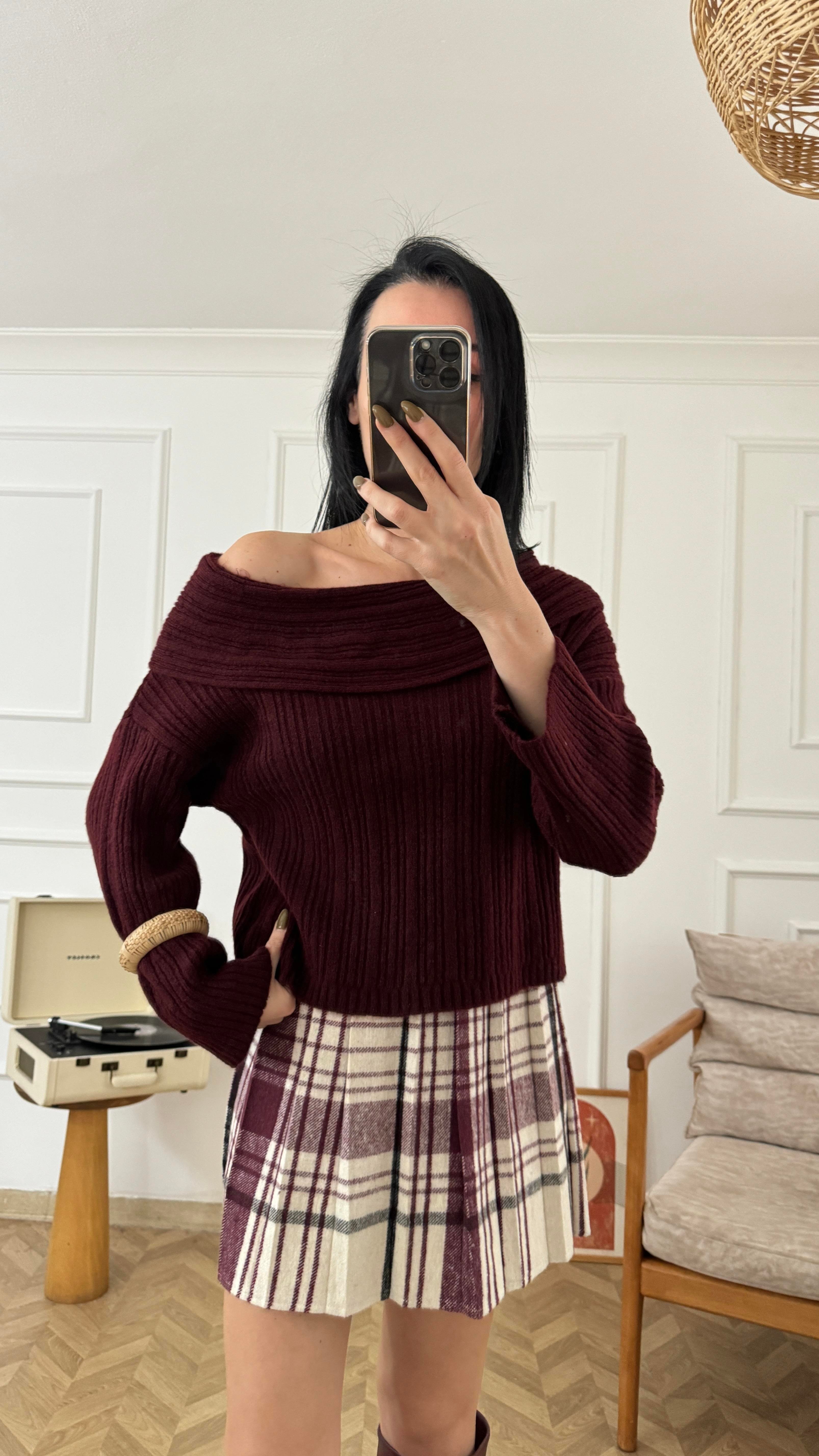 Bordo Degaje Yaka Fitilli Triko Kazak