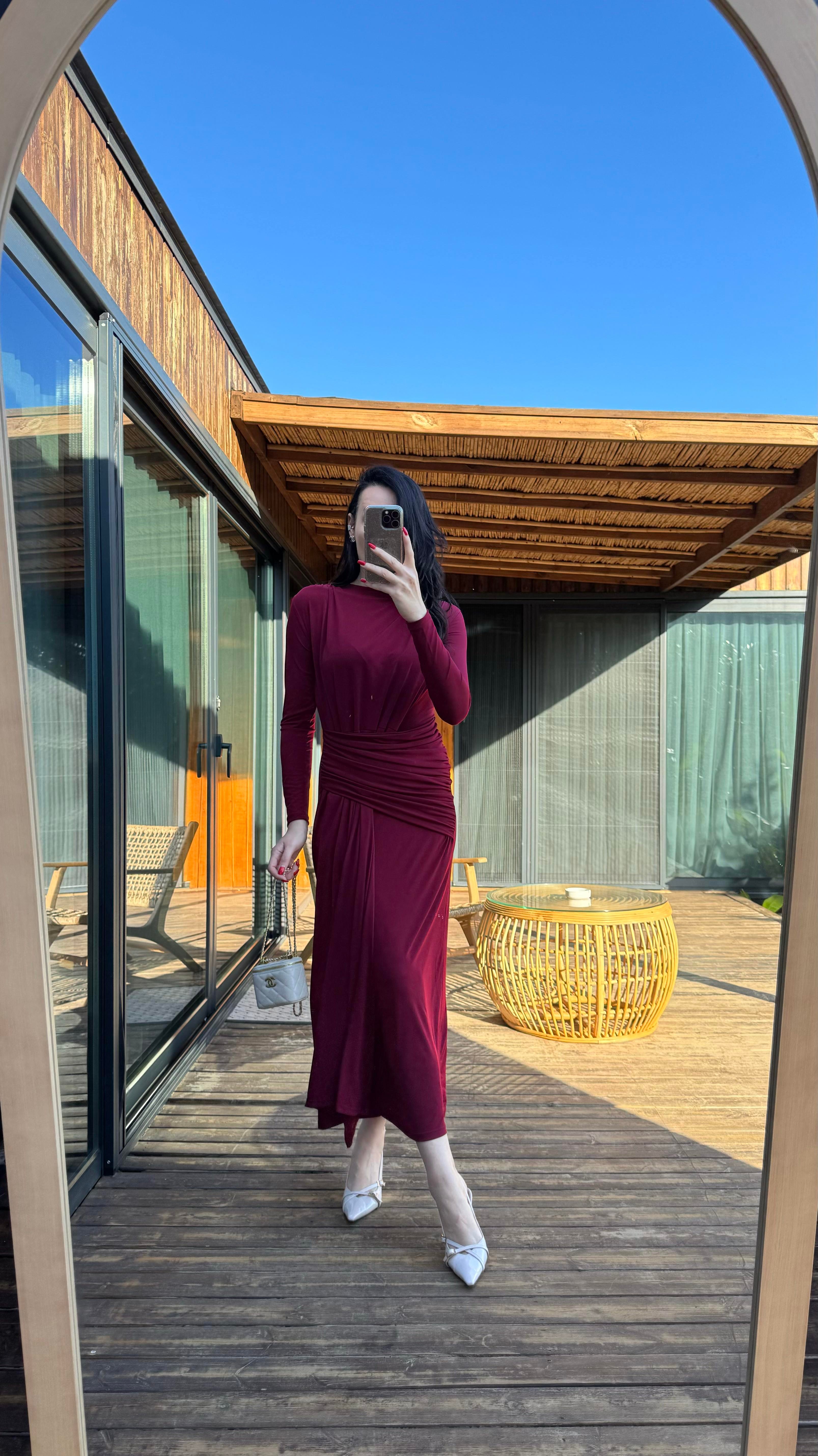 Bordo Drape Detaylı Jarse Elbise