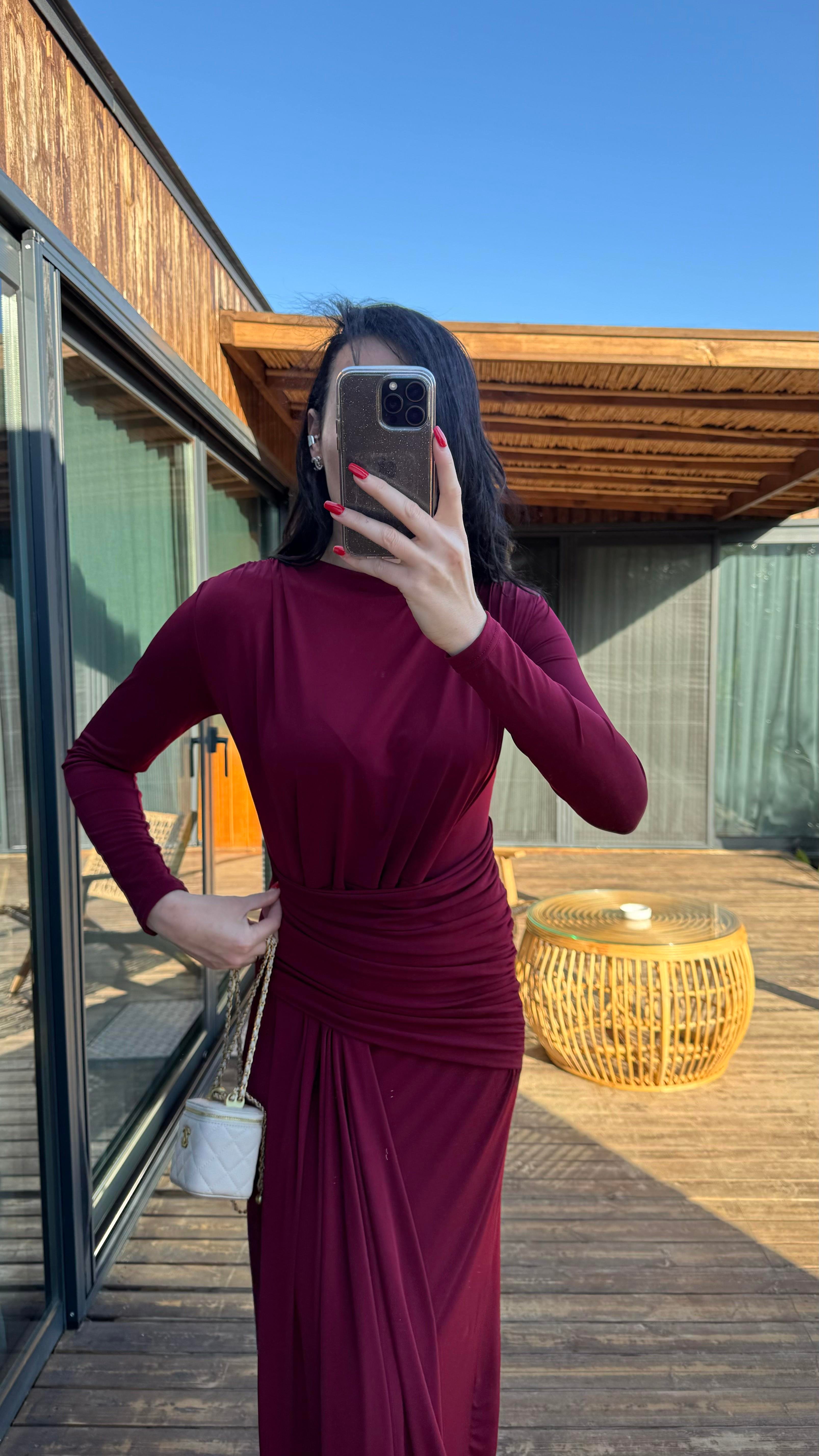 Bordo Drape Detaylı Jarse Elbise