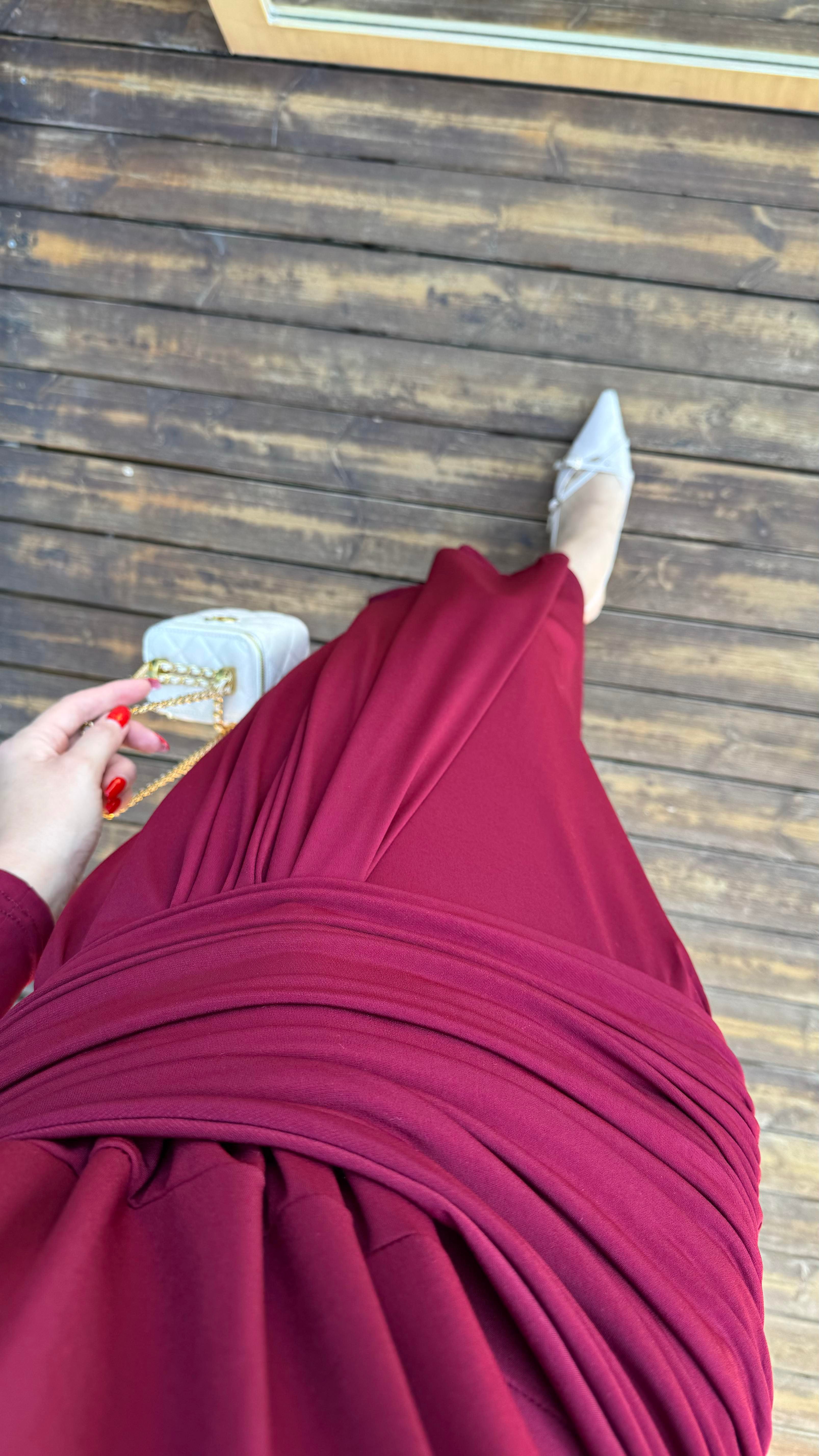 Bordo Drape Detaylı Jarse Elbise