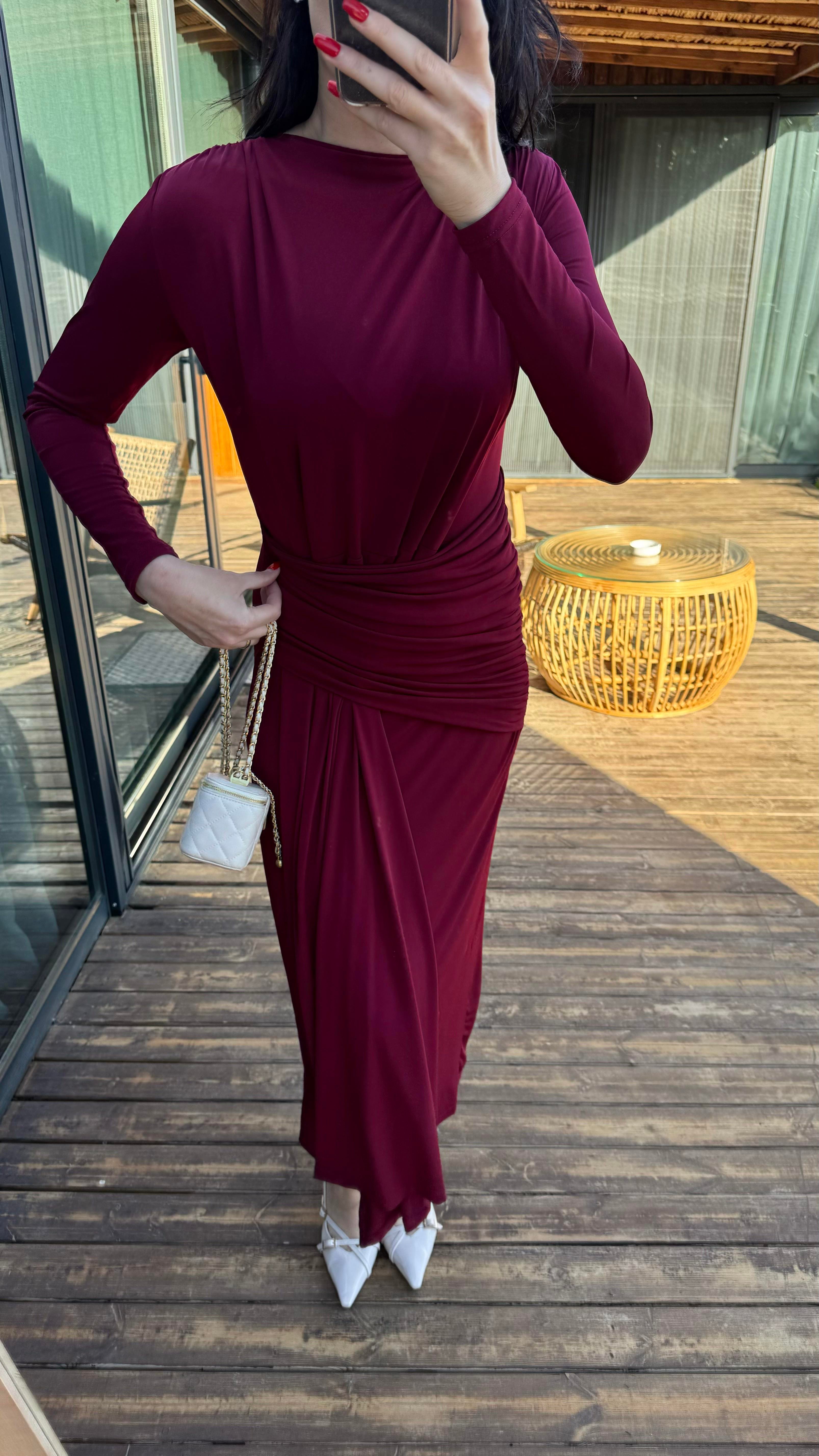 Bordo Drape Detaylı Jarse Elbise