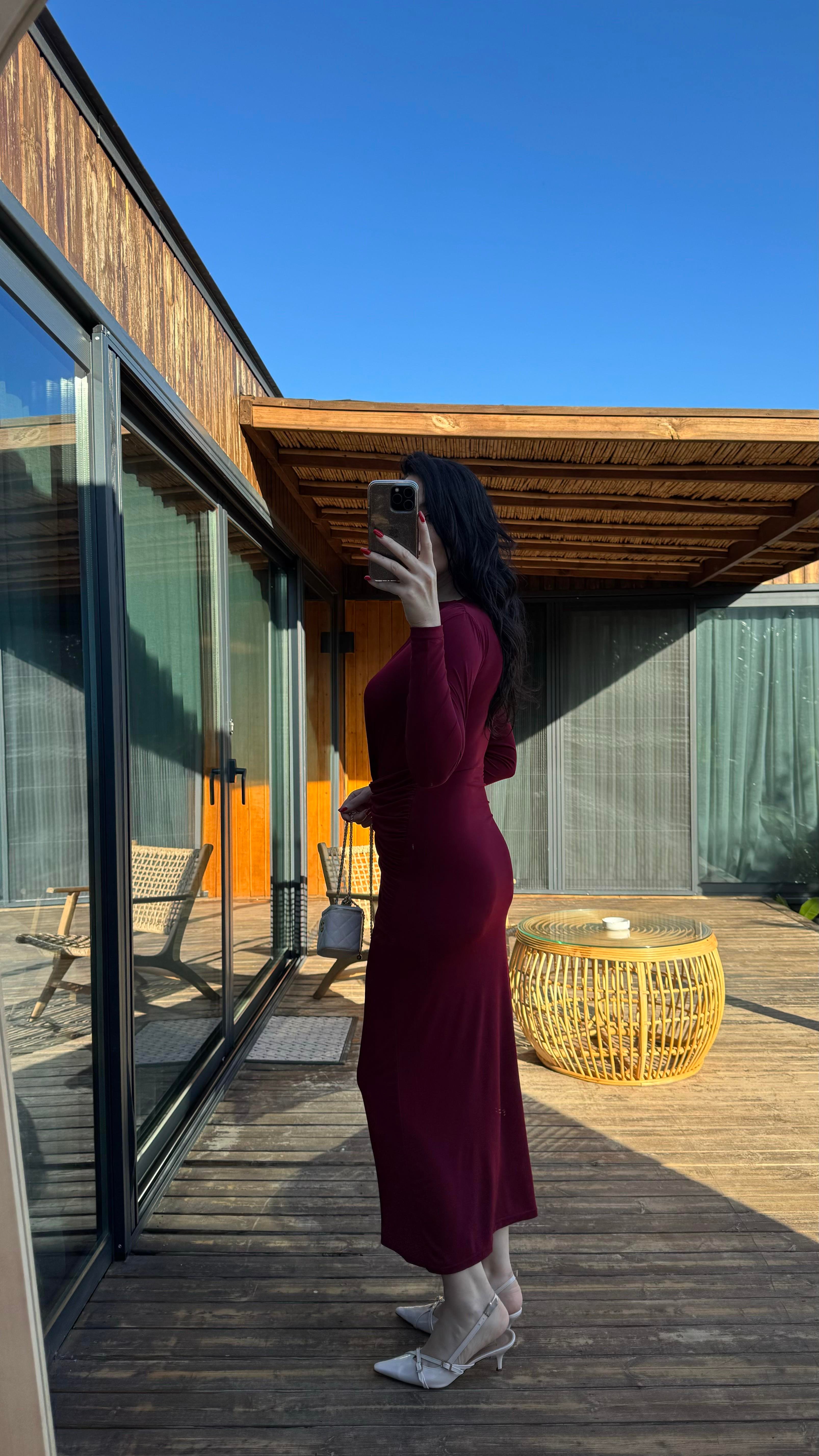 Bordo Drape Detaylı Jarse Elbise