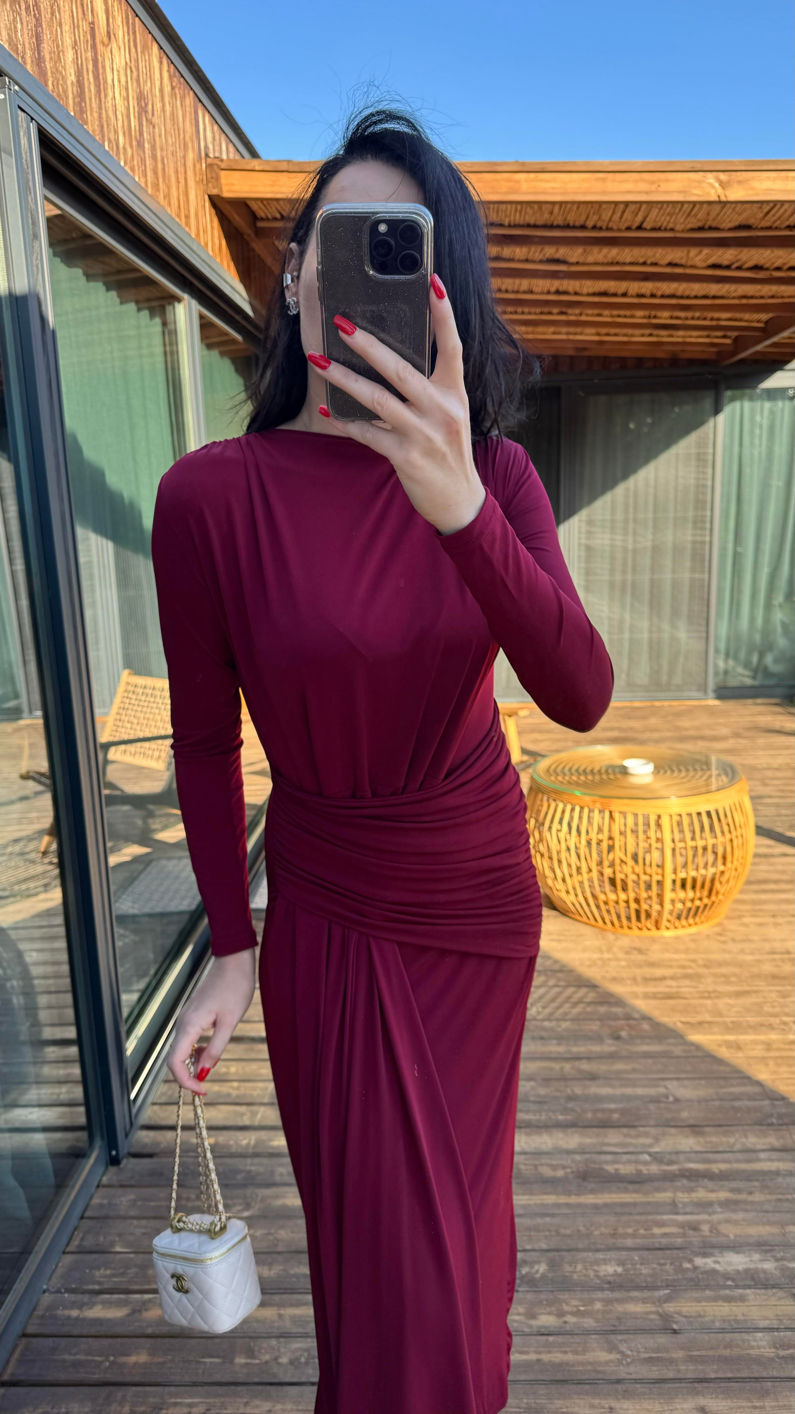 Bordo Drape Detaylı Jarse Elbise
