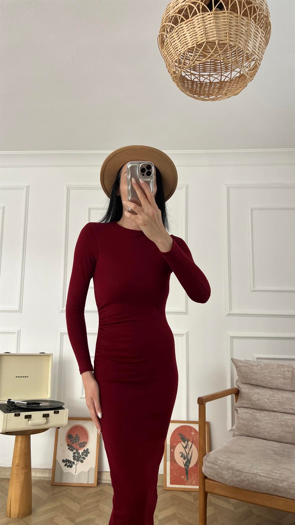 Bordo Drape Detaylı Likralı Triko Elbise