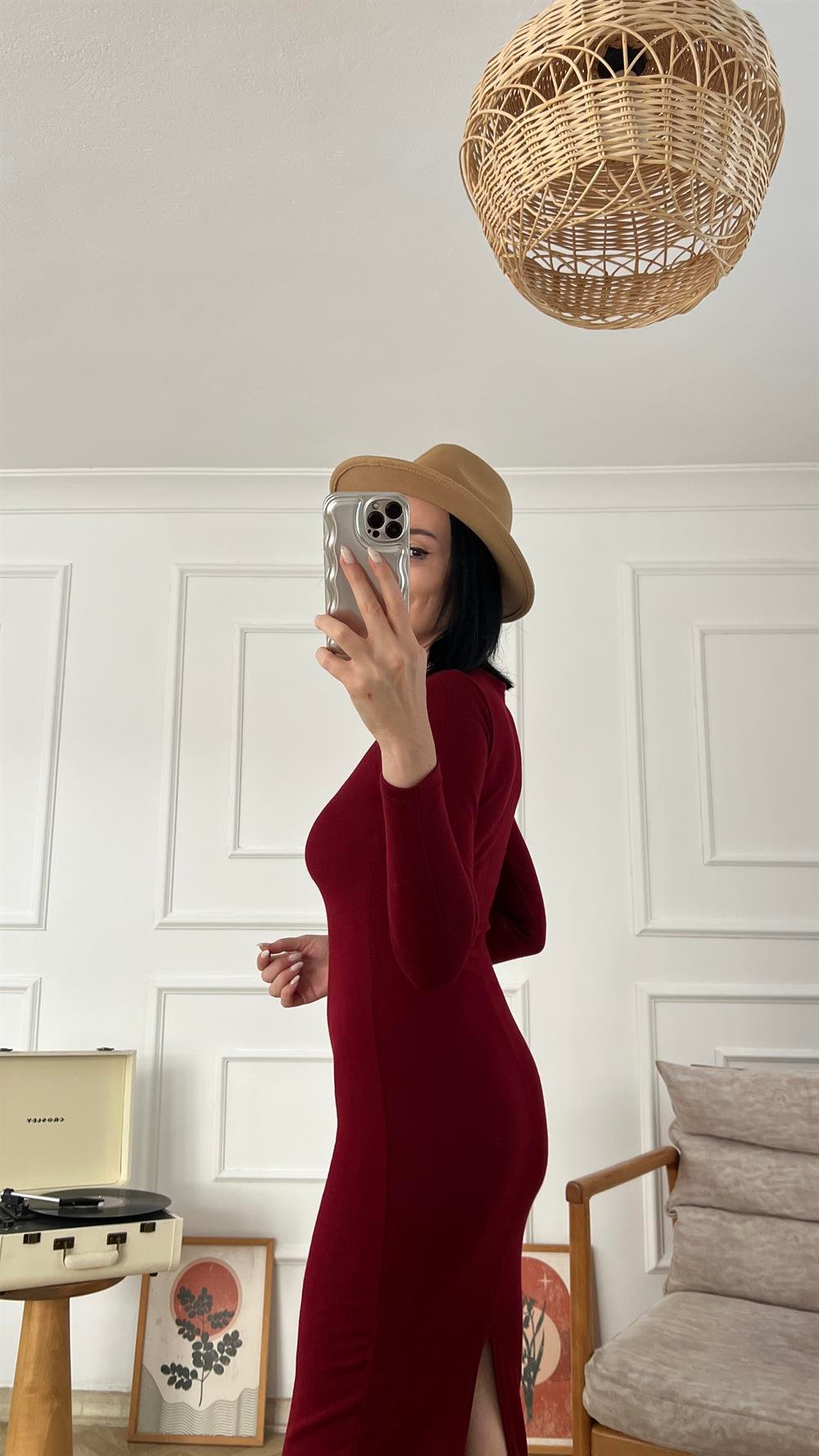 Bordo Drape Detaylı Likralı Triko Elbise