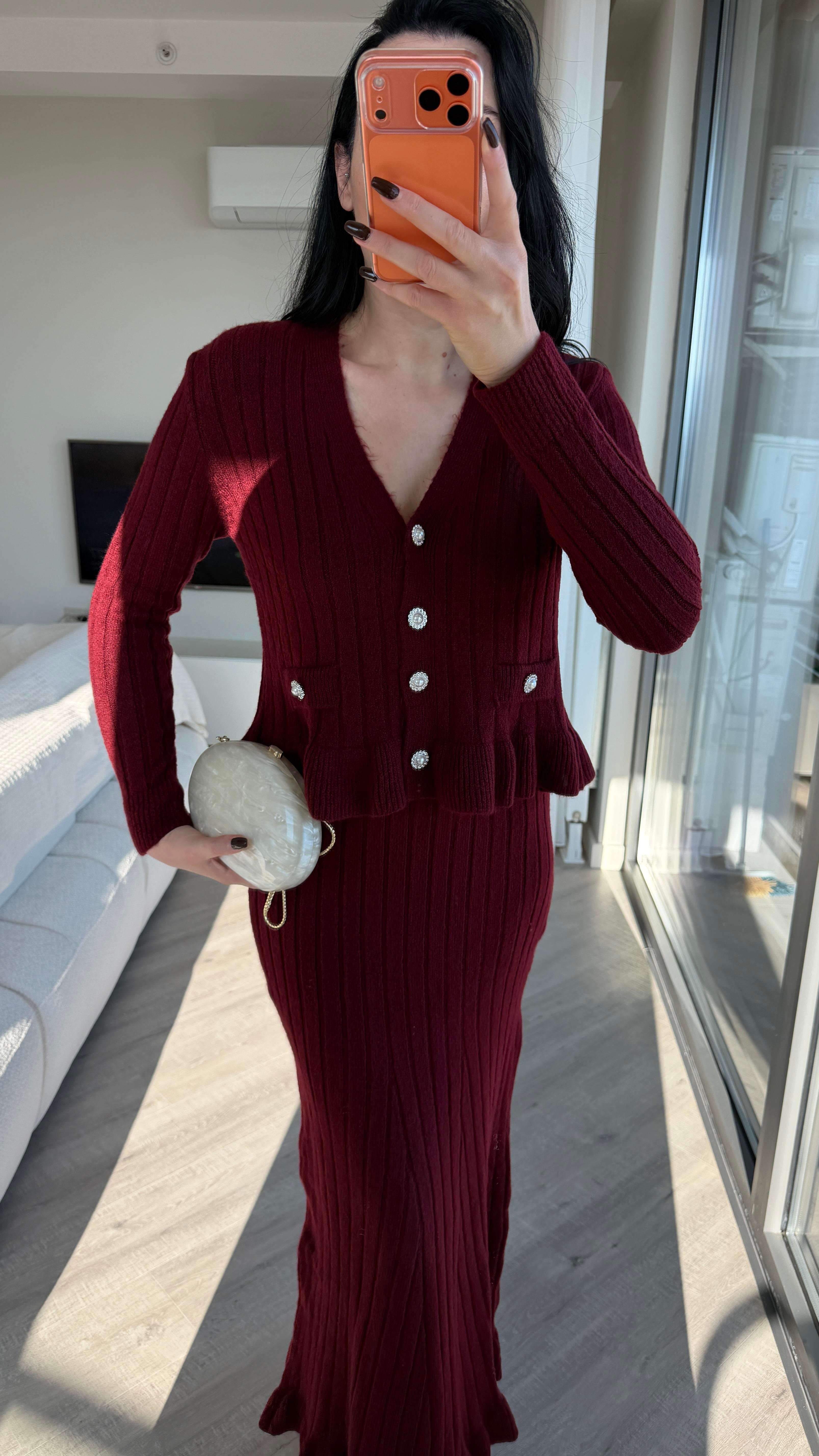 Bordo Fırfır Detaylı Triko Takım