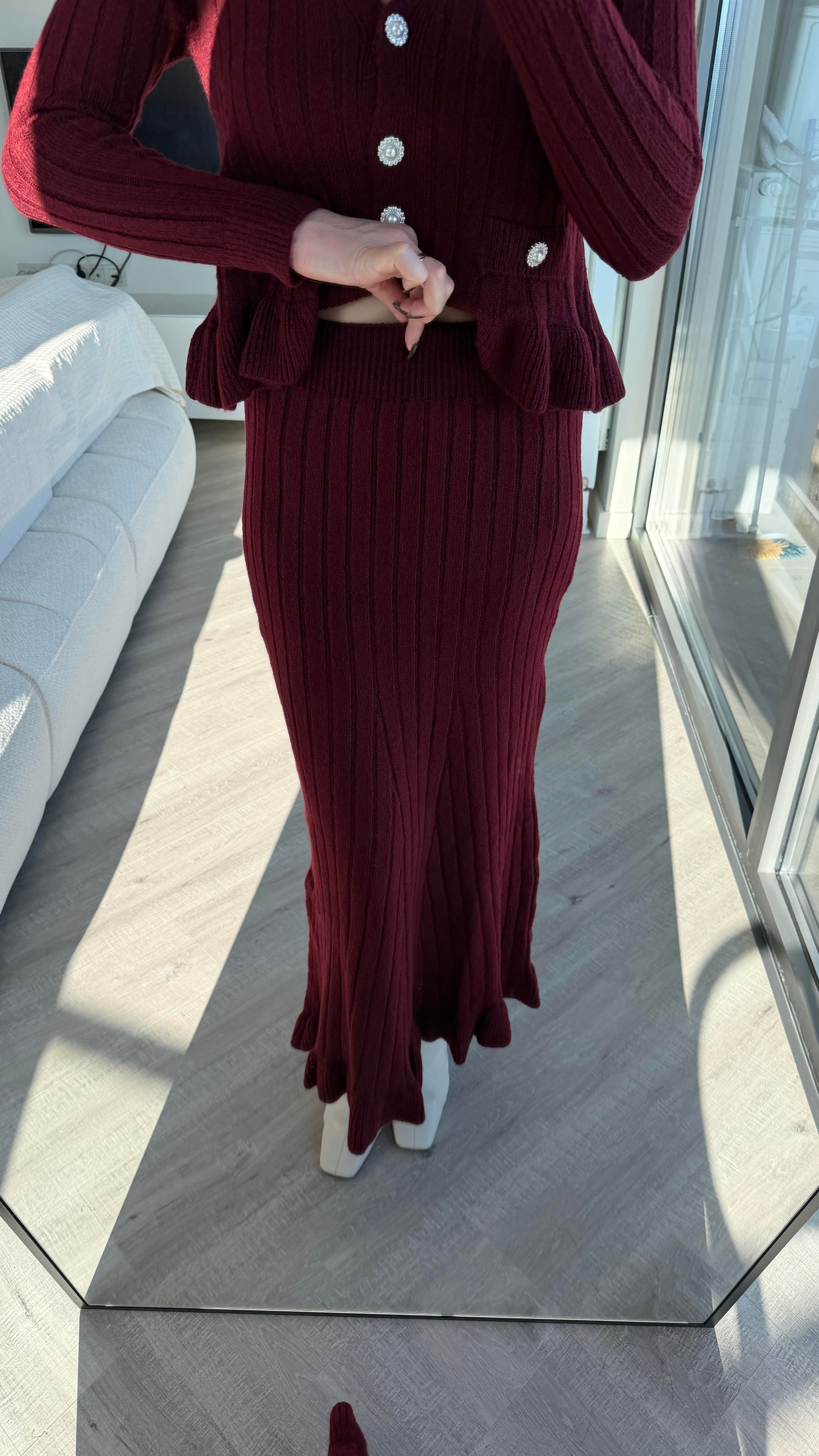 Bordo Fırfır Detaylı Triko Takım