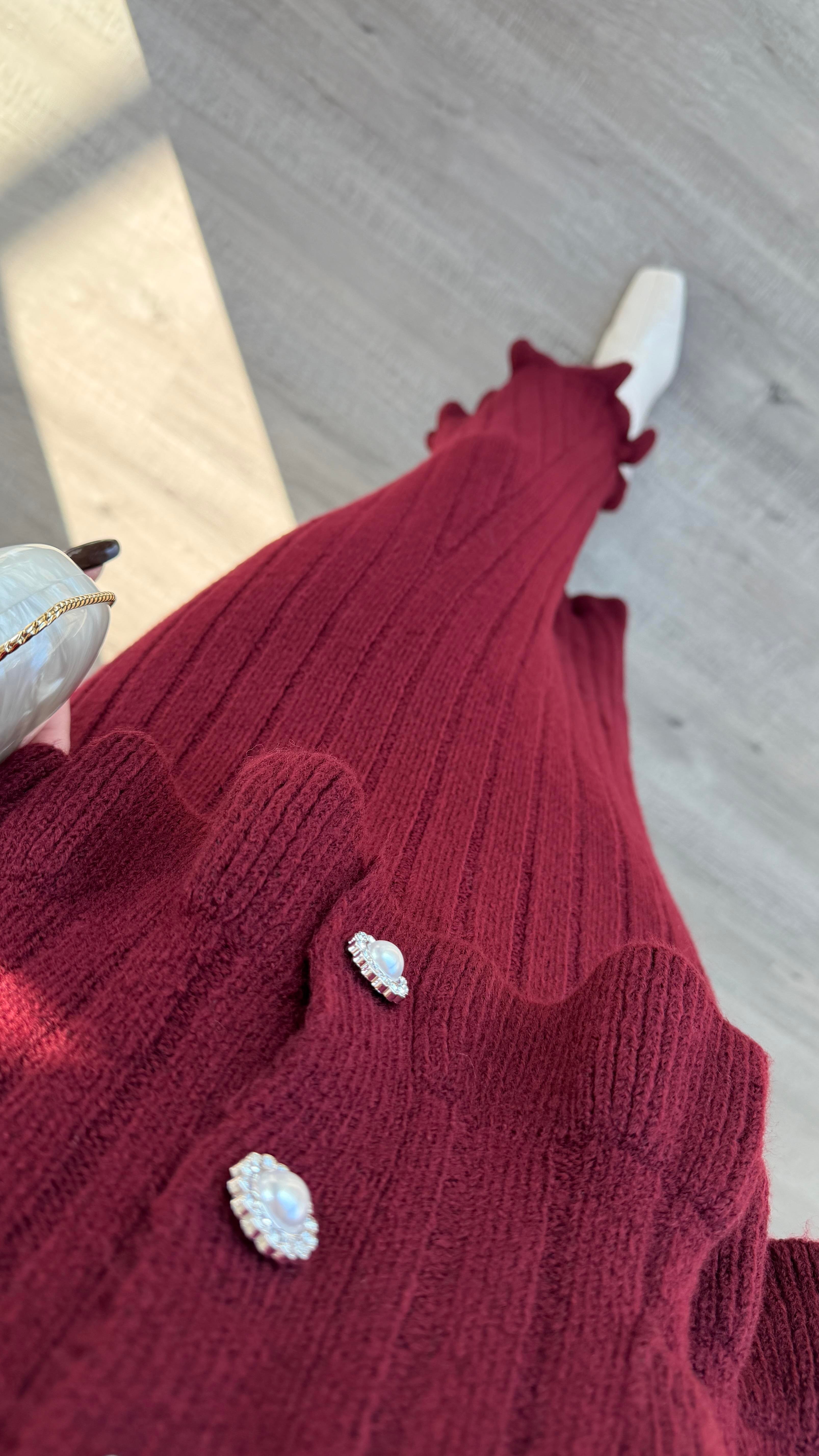 Bordo Fırfır Detaylı Triko Takım