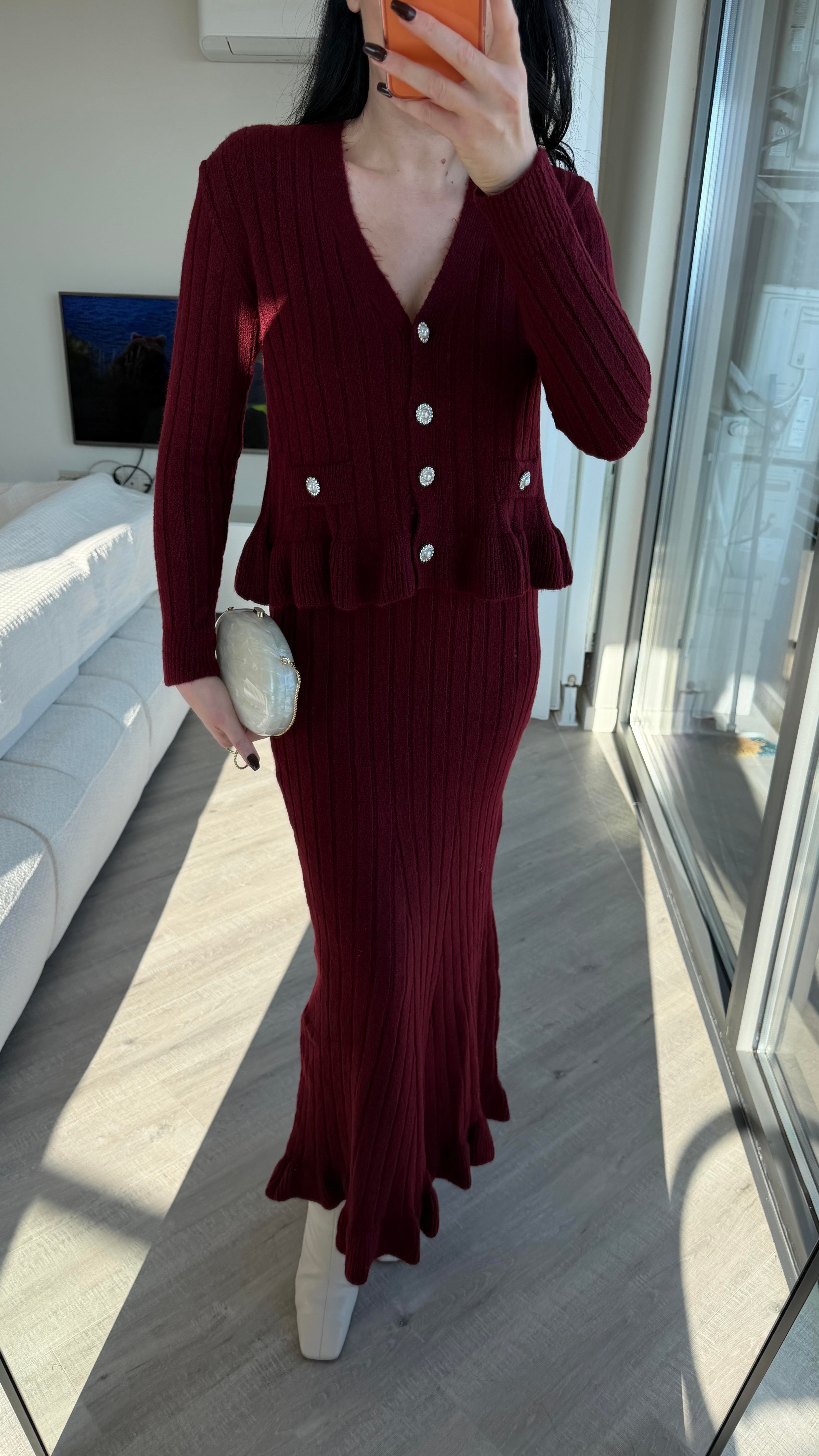 Bordo Fırfır Detaylı Triko Takım