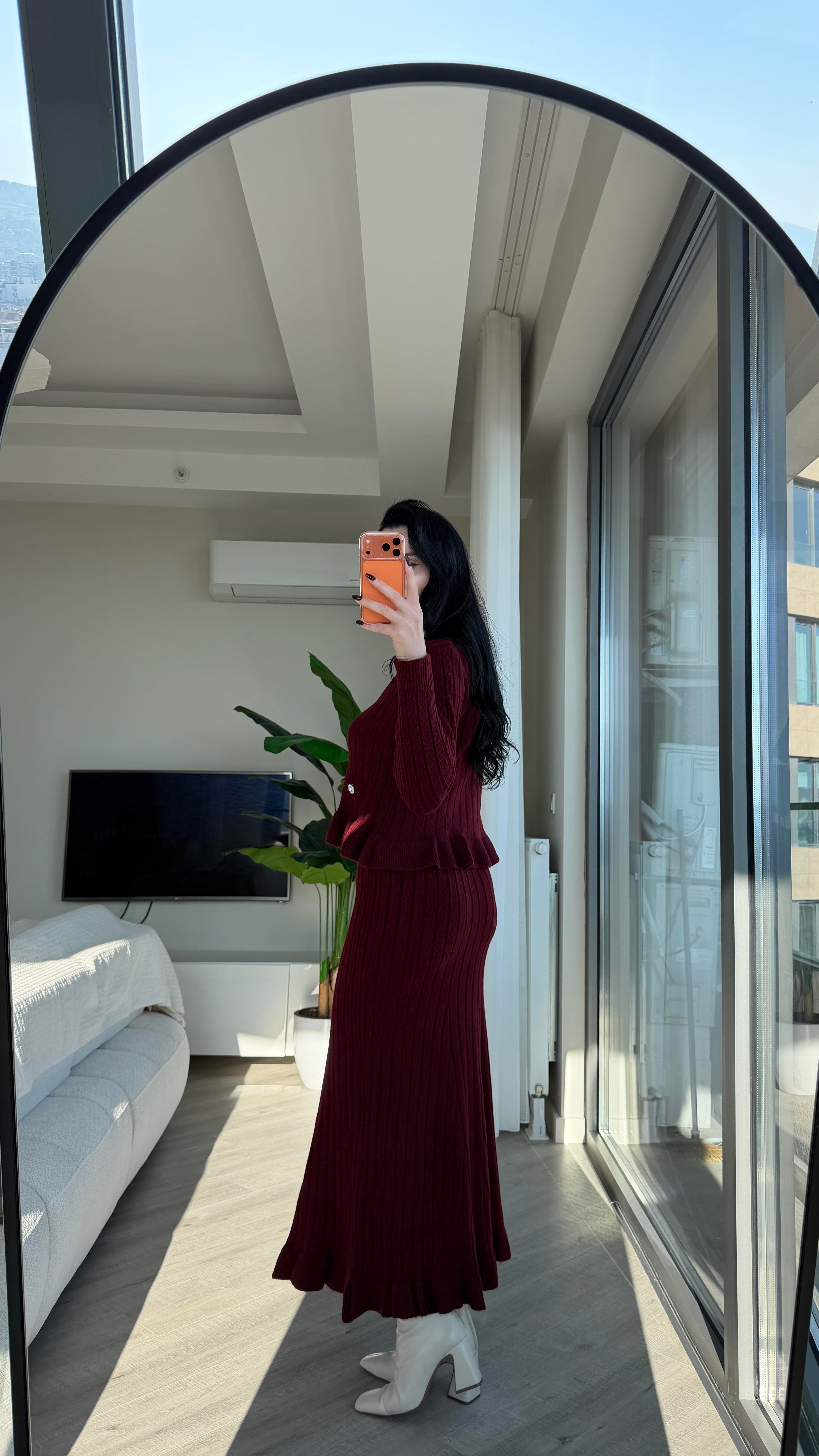 Bordo Fırfır Detaylı Triko Takım