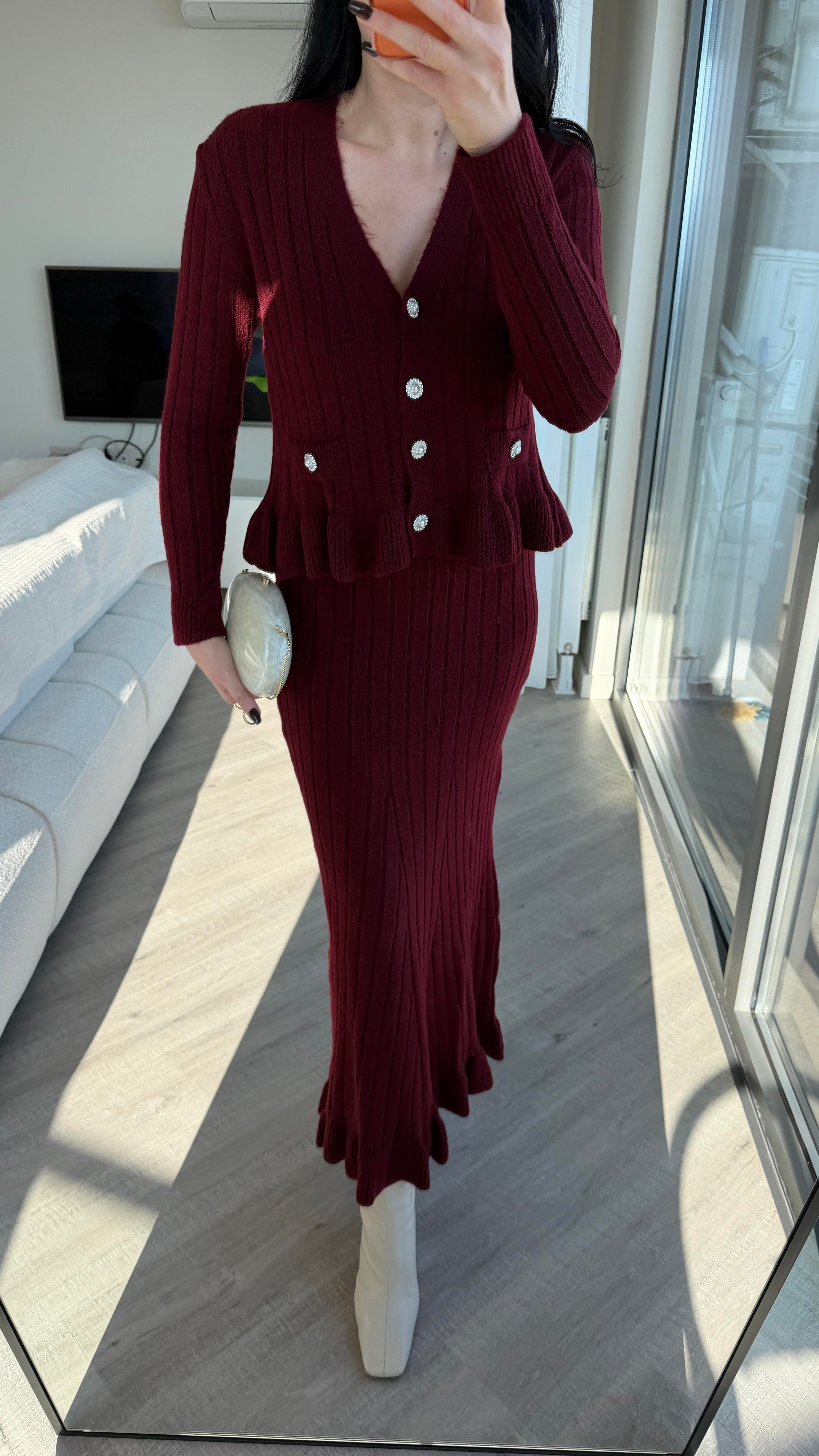 Bordo Fırfır Detaylı Triko Takım