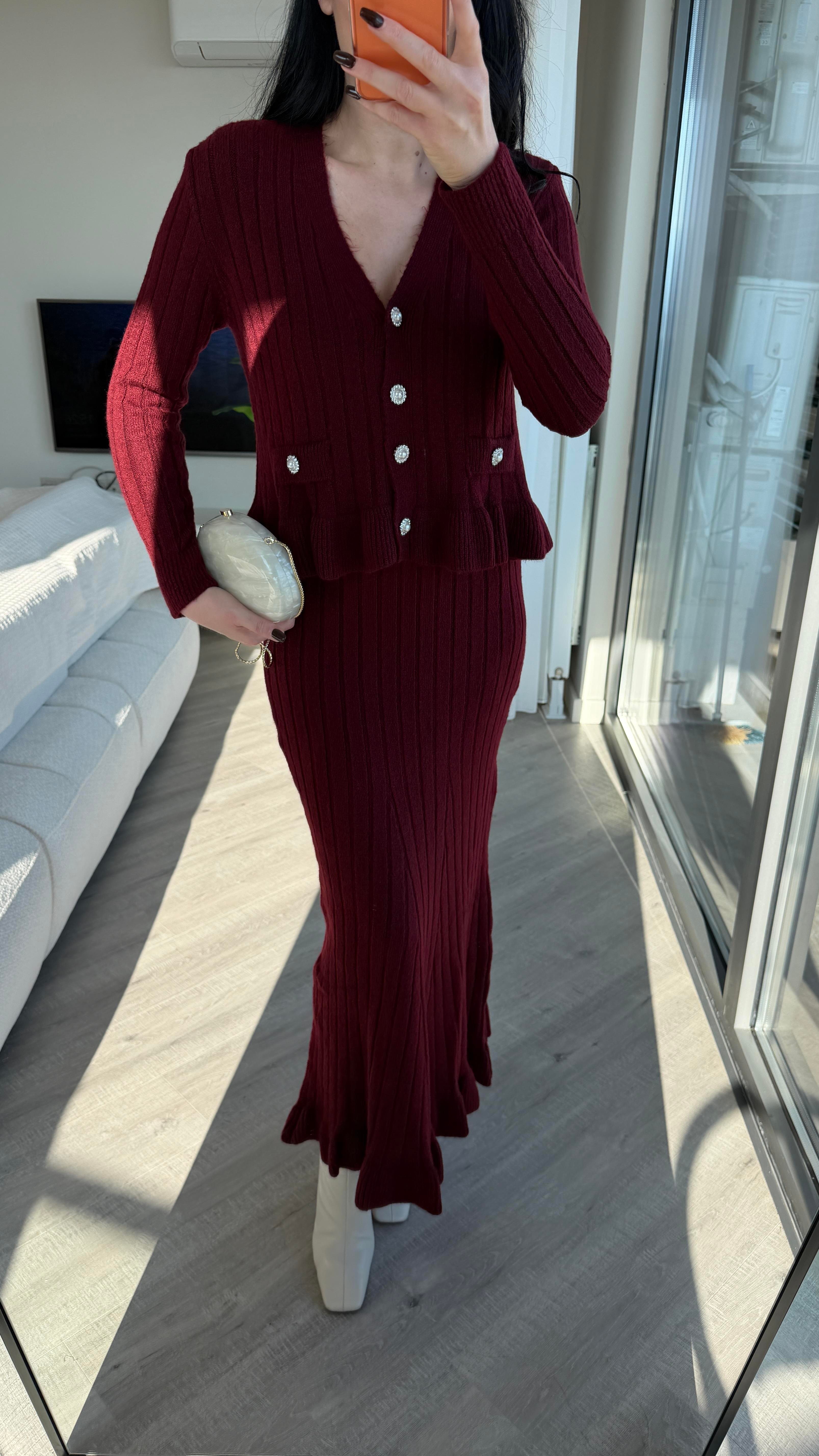Bordo Fırfır Detaylı Triko Takım