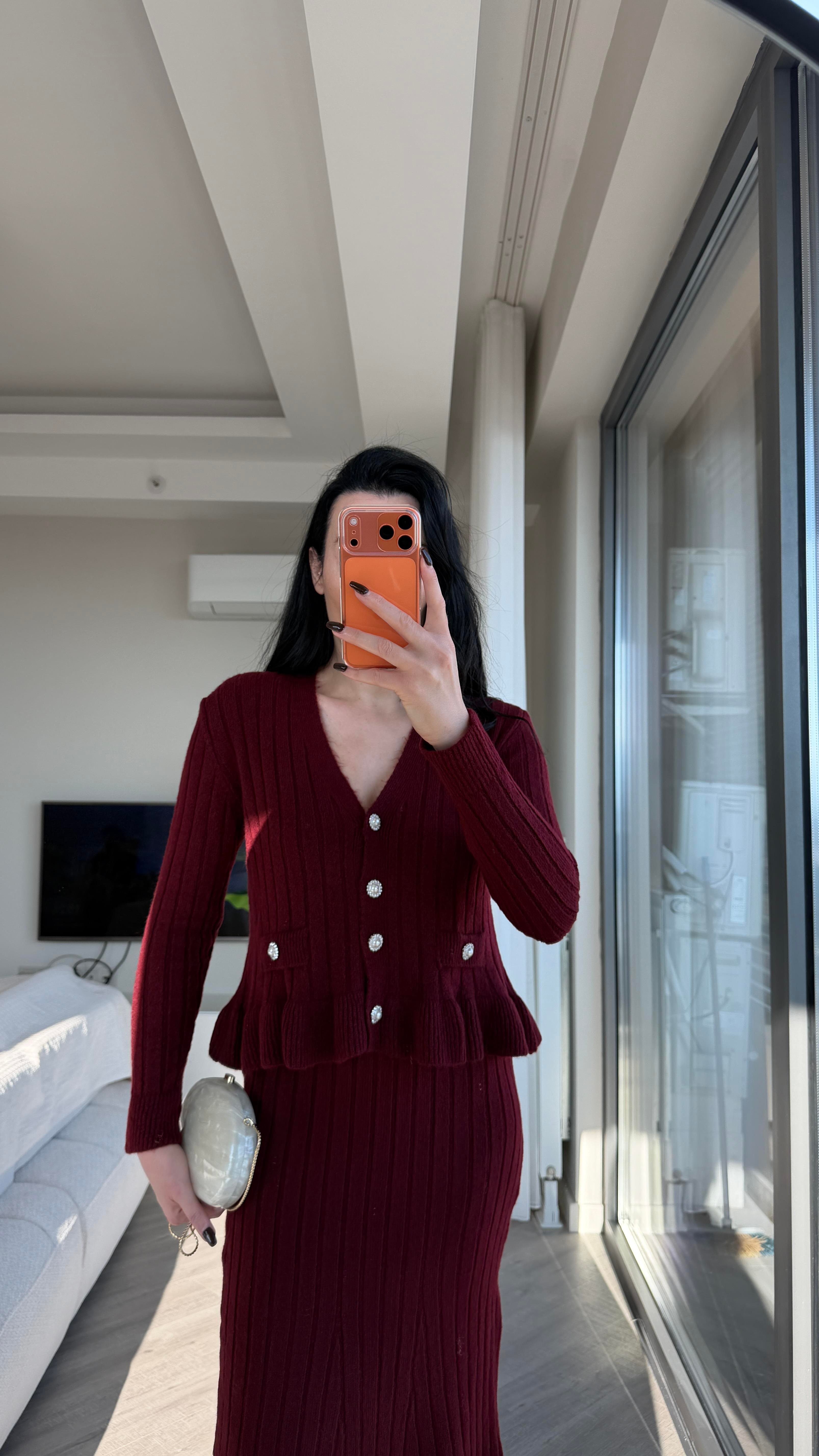 Bordo Fırfır Detaylı Triko Takım