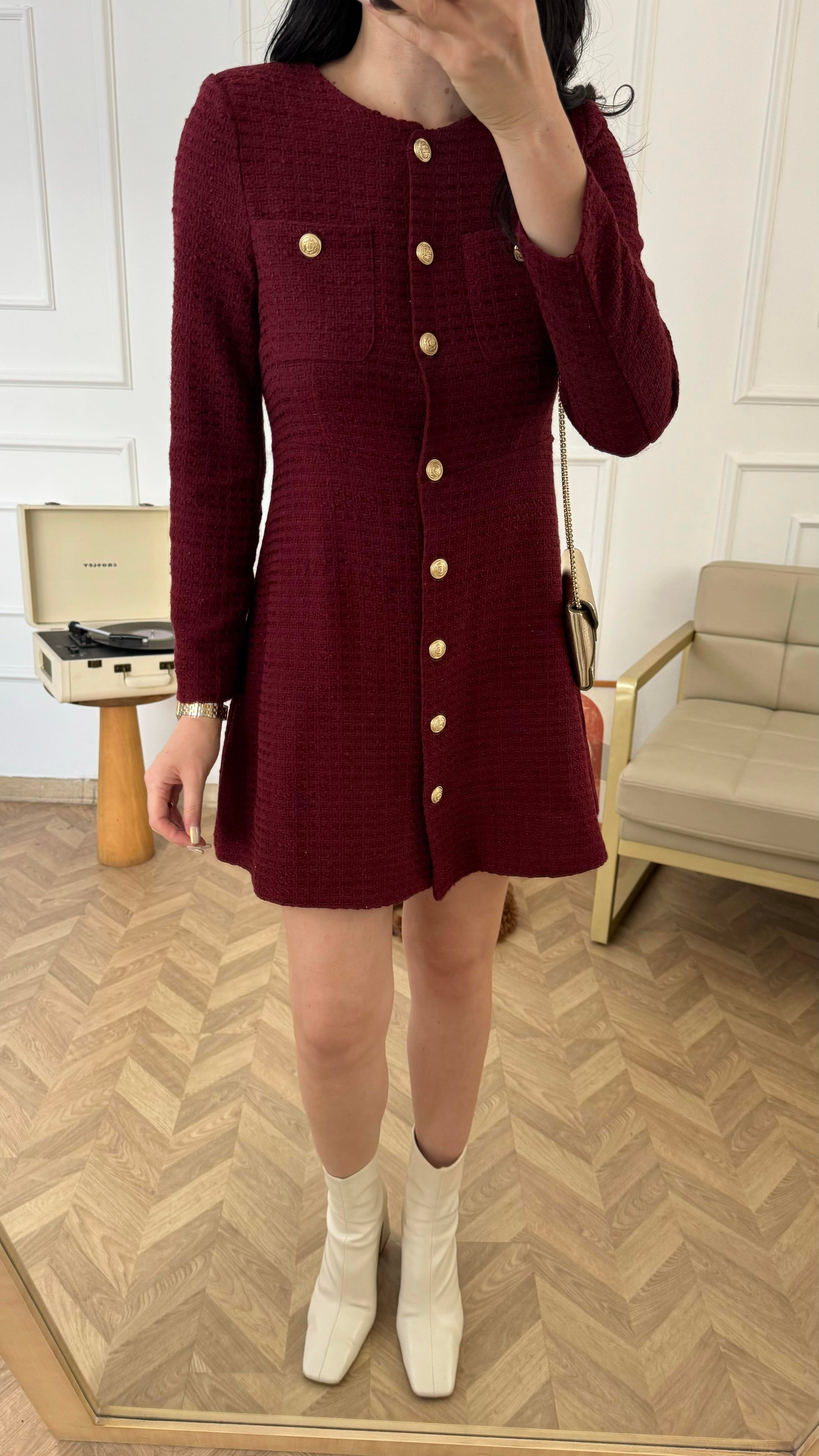 Bordo Gold Düğmeli Tuvit Elbise